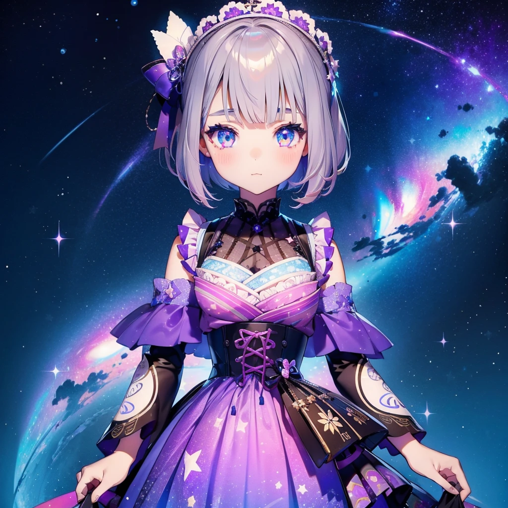 1girl、vtuber-fullbody、Star Fairy、「A beautifully printed galaxy patterned kimono and gothic ****ta outfit.、Space pattern box pleated mini skirt with ruffles、Front full body portrait、enchanting eyes、Perfect and stunning face、exquisite details、clear image、highest quality。」short hair、