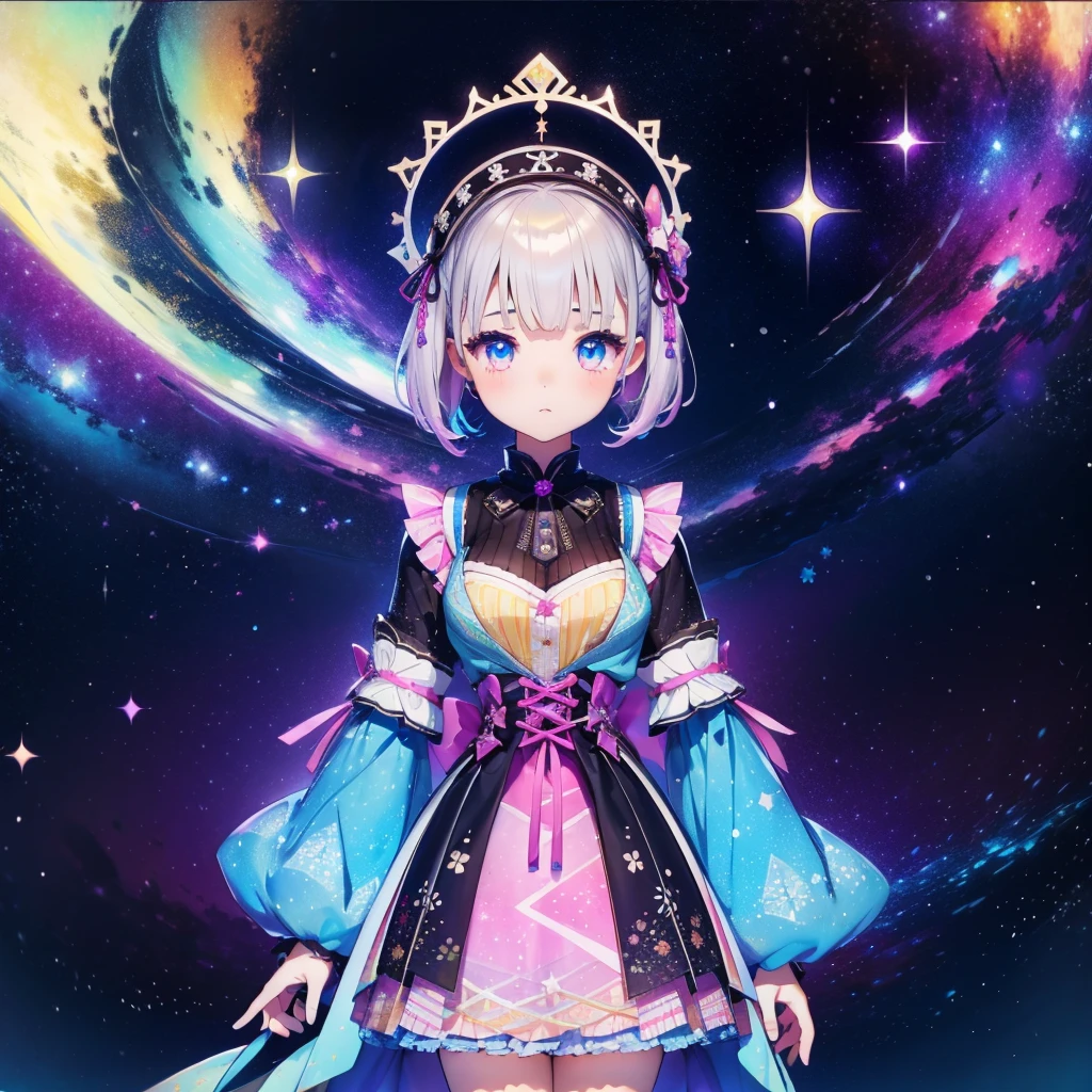 1girl、vtuber-fullbody、Star Fairy、「A beautifully printed galaxy patterned kimono and gothic ****ta outfit.、Space pattern box pleated mini skirt with ruffles、Front full body portrait、enchanting eyes、Perfect and stunning face、exquisite details、clear image、highest quality。」short hair、