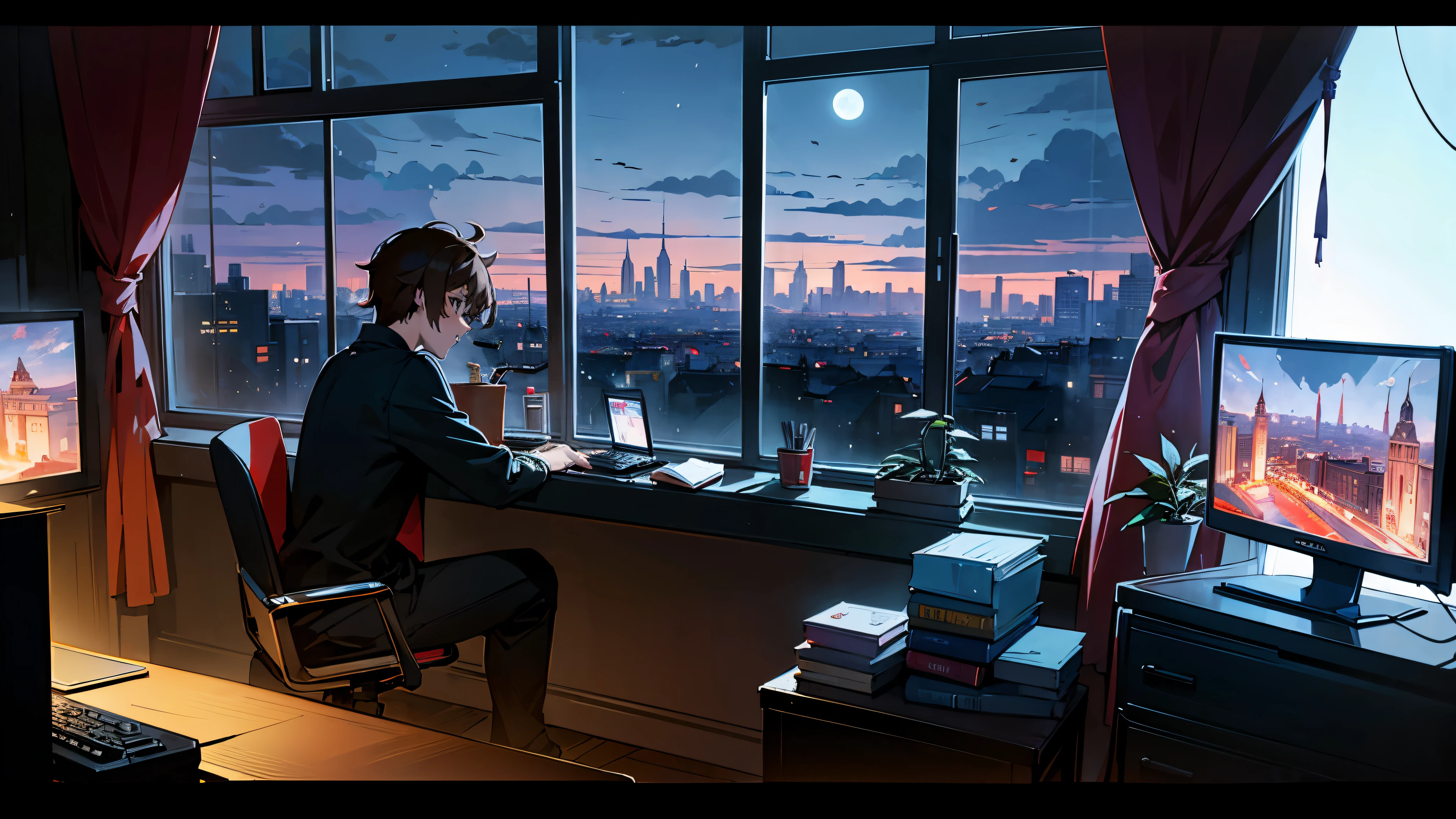 1 male、gay twinks、solo、sit on it, The room has, messy brown hair, blue eyes, Game settings, Gaming PC, 2 gaming monitors, looking at the audience, Rough clothes, dark, City night view from the window, darkroom, Flower pots on the windowsill, potted plant, sheer sheer curtains, socialist classicism, high-rise buildings. Light of the city, city View, moon , clouds, black sky, silhouette outside the window, raining dark