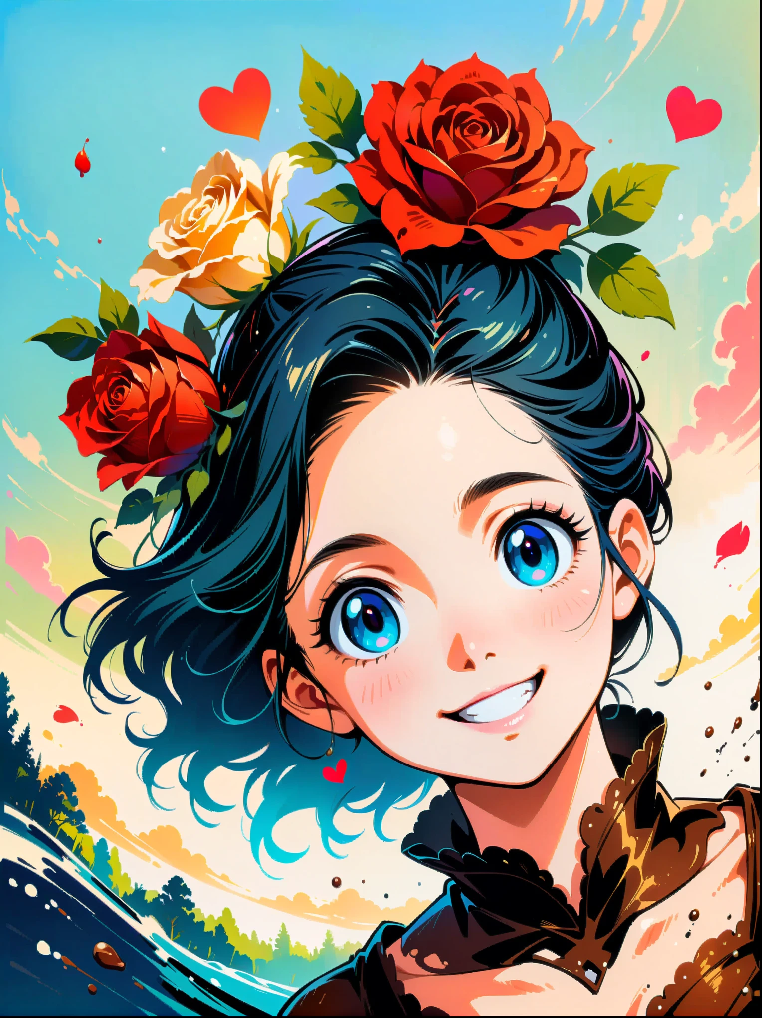 ink style, masterpiece, masterpiece,Couple Collage,1 man,1 woman,Valentine's Day,hapiness,Smile,chocolate,Rose,Heart,animation aesthetics, (Ghibli style colors, ultra high definition, masterpiece, precise, anatomically correct, textured skin, Super details, 8K)