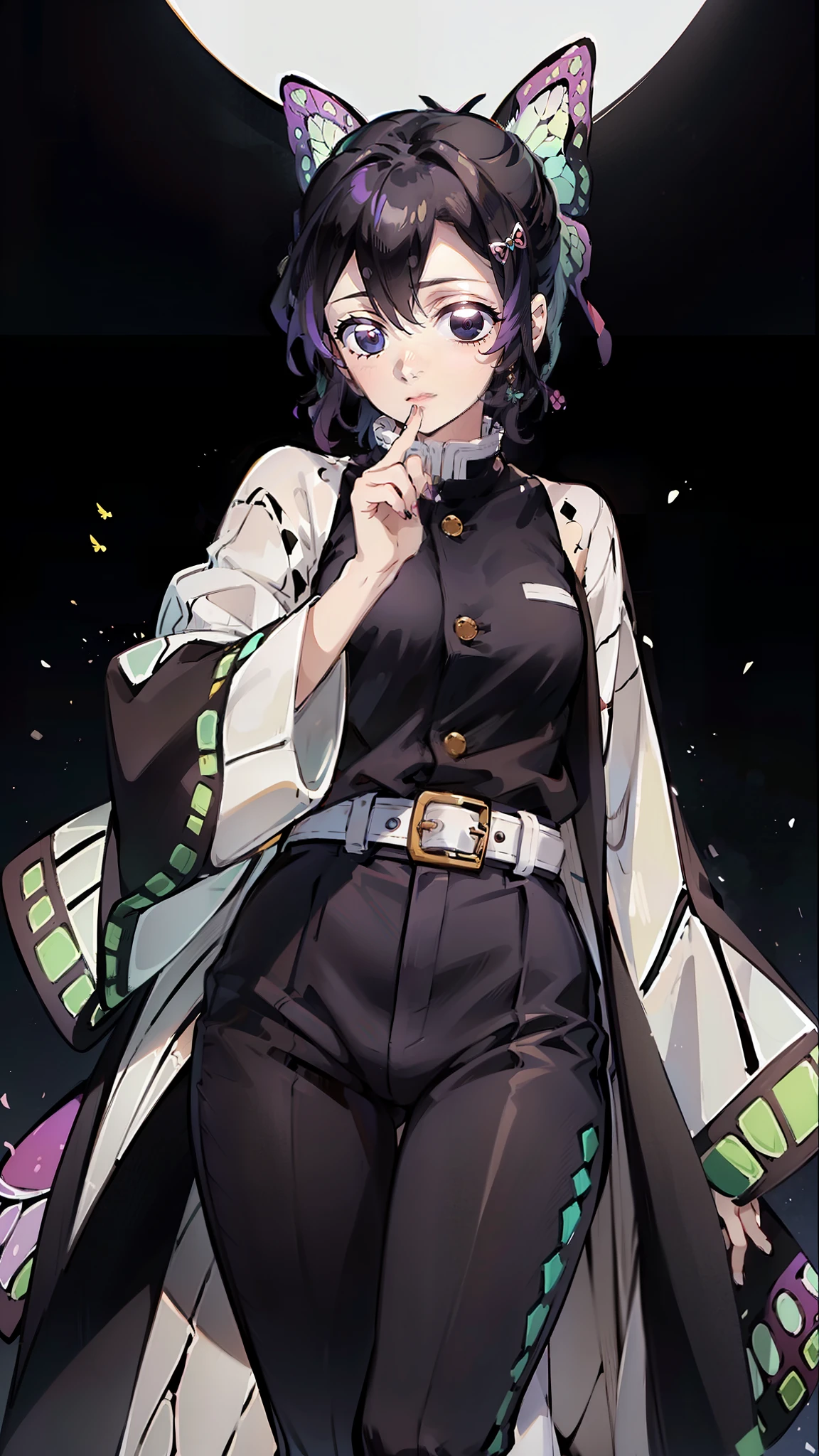 Kimetsu no Yaiba style best quality 0.8,masterpiece, Highest quality, High resolution, 1 girl, solo, kocho shinobi, master parts, Highest quality, Highest, 1 girl, kochou shinobu, big butterfly hair clip, butterfly hair jewelry, purple eyes, colorful hair, short hair, separate lane, Haori, white kimono, long sleeves, black pants suit, black jacket, belt, Character looking at camera,Decorate your hair with a bow tie, purple eyes, colorful hair, short hair, parted bangs, black pants, black jacket, long sleeve, belt, cowboy shot, close your mouth,
