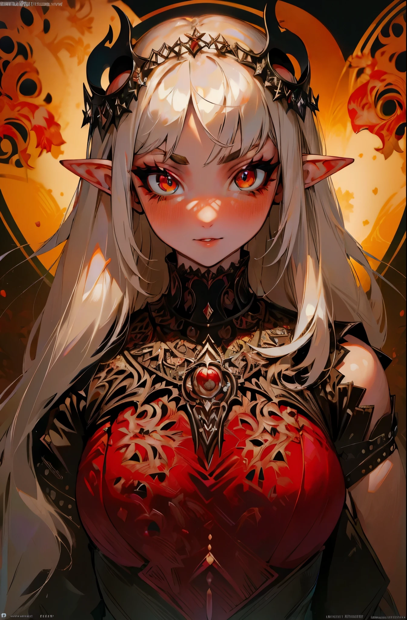 8k, masterpiece, highest quality, best quality, official art, beautiful and aesthetic, extremely detailed, (fractal art: 1.3), colorful, highest detailed, perfect face, upper body, HDR, sexy, wide hips, thicc figure, Detailed face, Detailed eyes, red eyes, perfect face, perfect eyes, ( 1elf, 1 female elf, 1girl, trans, futa, futanari, big ass, slim waist, pretty face, long white hair, sharp jawline, he is sexy, she is beautiful, she has black eyeliner, he has makeup, she has a girly face, she is tanned, she has big , she is blushing, she wears blush, hips wider than shoulders, slim torso, black lipstic, e-girl makeup, blushing, pretty, sharp jawline, red eyes, cute, thigh high socks, goth clothes, black skirt, black crop top, black lipstick, black eyeliner, cute smile, Goth, goth priestess, RAVEN, goth makeup, goth clothes, white hair, wolf cut