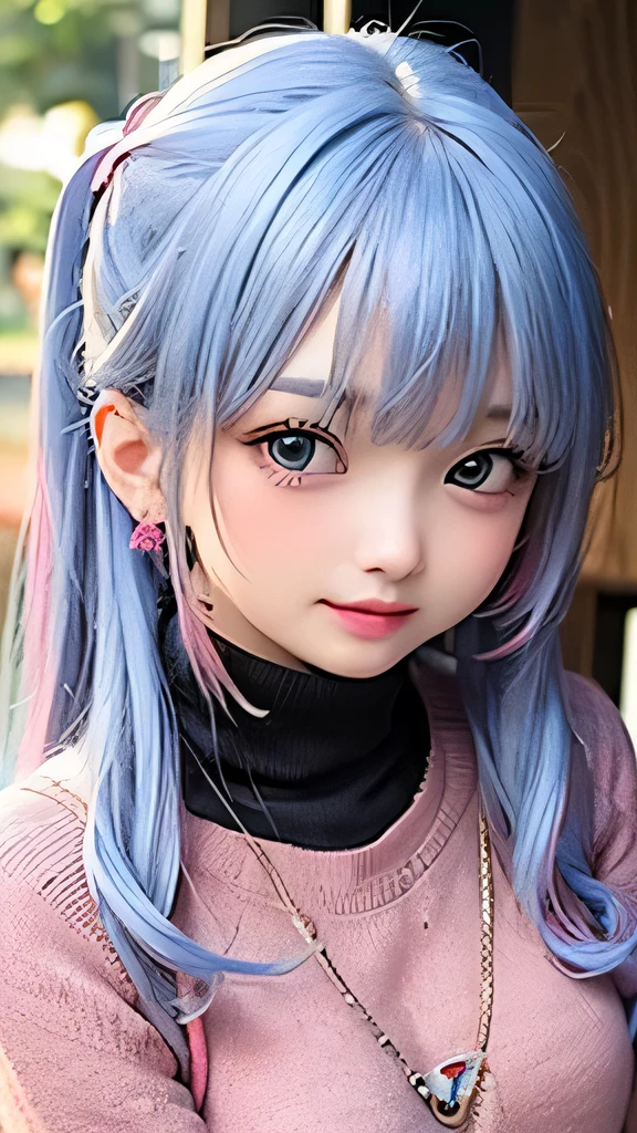 The arrival of autumn、small face、 (alone:1.5,)Super detailed,bright color, very beautiful detailed anime face and eyes, look straight,  shiny_skin,girl, (((rainbow color hair, colorful hair, Half blue、half pink hair: 1.2))), 、shiny hair, delicate beautiful face, blush、Glasses、(turquoise eyes), , Valletta, earrings,、sunset、forest road、((turtleneck、checked mini skirt,)))、（twin tails）、smile、happy face、face dyed red、color々pose、Head to toe full body portrait、（I can see the whole body）