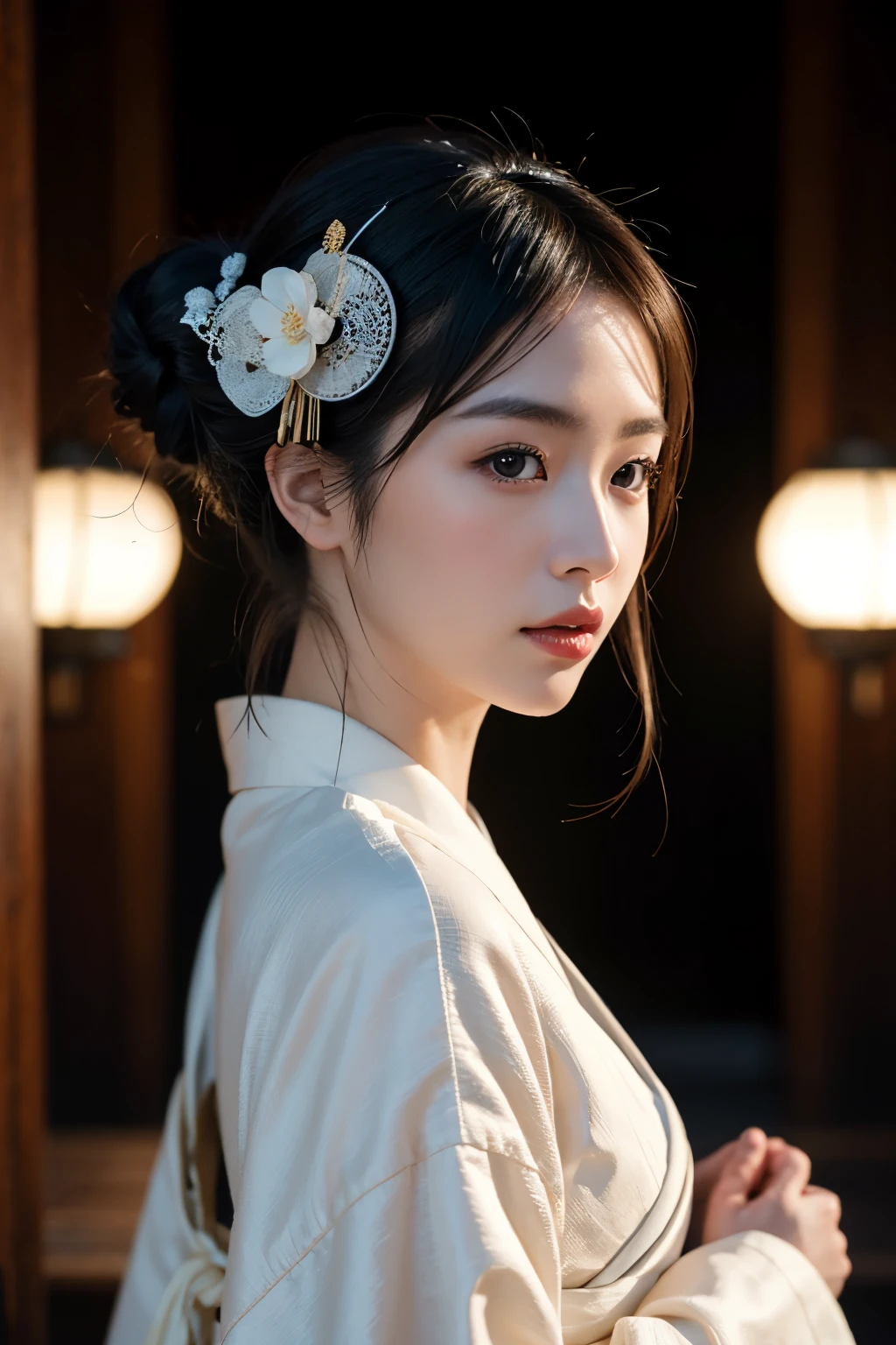 Create a captivating close-up portrait of a Japanese woman exuding elegance and allure. She has long, silky black hair cascading down her shoulders, adorned with subtle yet sophisticated accessories. Her complexion is smooth and fair, with makeup that accentuates her striking features. She is dressed in a modern, form-fitting kimono with a deep neckline and intricate floral patterns in shades of red and gold, blending traditional beauty with a touch of modern sensuality. The background features a dimly lit, luxurious room with soft, ambient lighting, enhancing the overall atmosphere of mystery and sophistication.