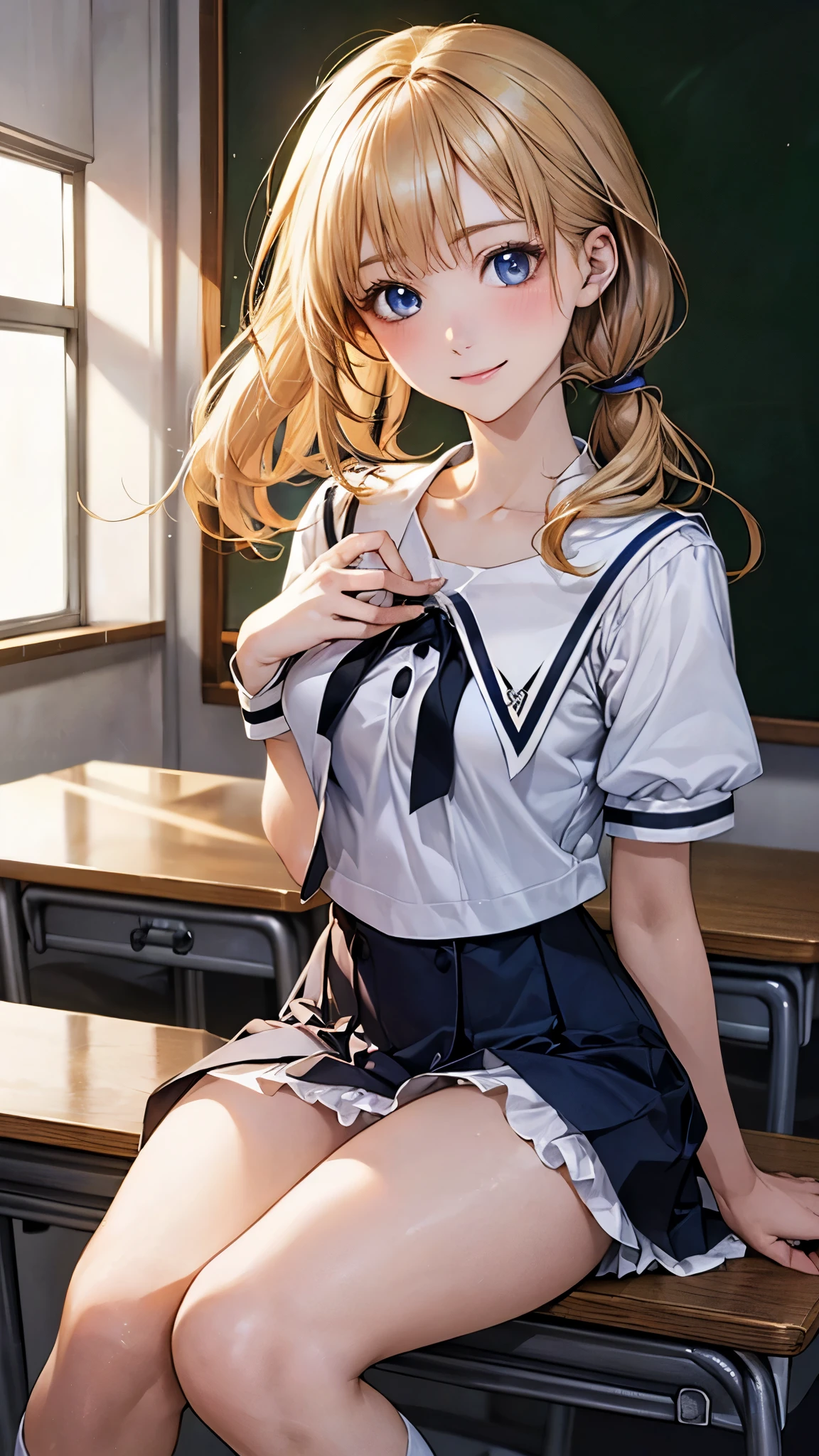 (masterpiece:1.2, top-quality), (realistic, photorealistic:1.4), beautiful illustration, (natural side lighting, movie lighting), nsfw, 
looking at viewer, 1 girl, japanese, high school girl, perfect face, cute and symmetrical face, shiny skin, 
(long hair, small side ponytail tied with blue ribbon, (blonde hair)), crossed bangs, blue eyes, long eye lasher, (medium breasts), slender, 
beautiful hair, beautiful face, beautiful detailed eyes, beautiful clavicle, beautiful body, beautiful chest, beautiful thigh, beautiful legs, beautiful fingers, 
(YurigaokaUniform), 
(beautiful scenery), morning, (classroom), , (happy expression),