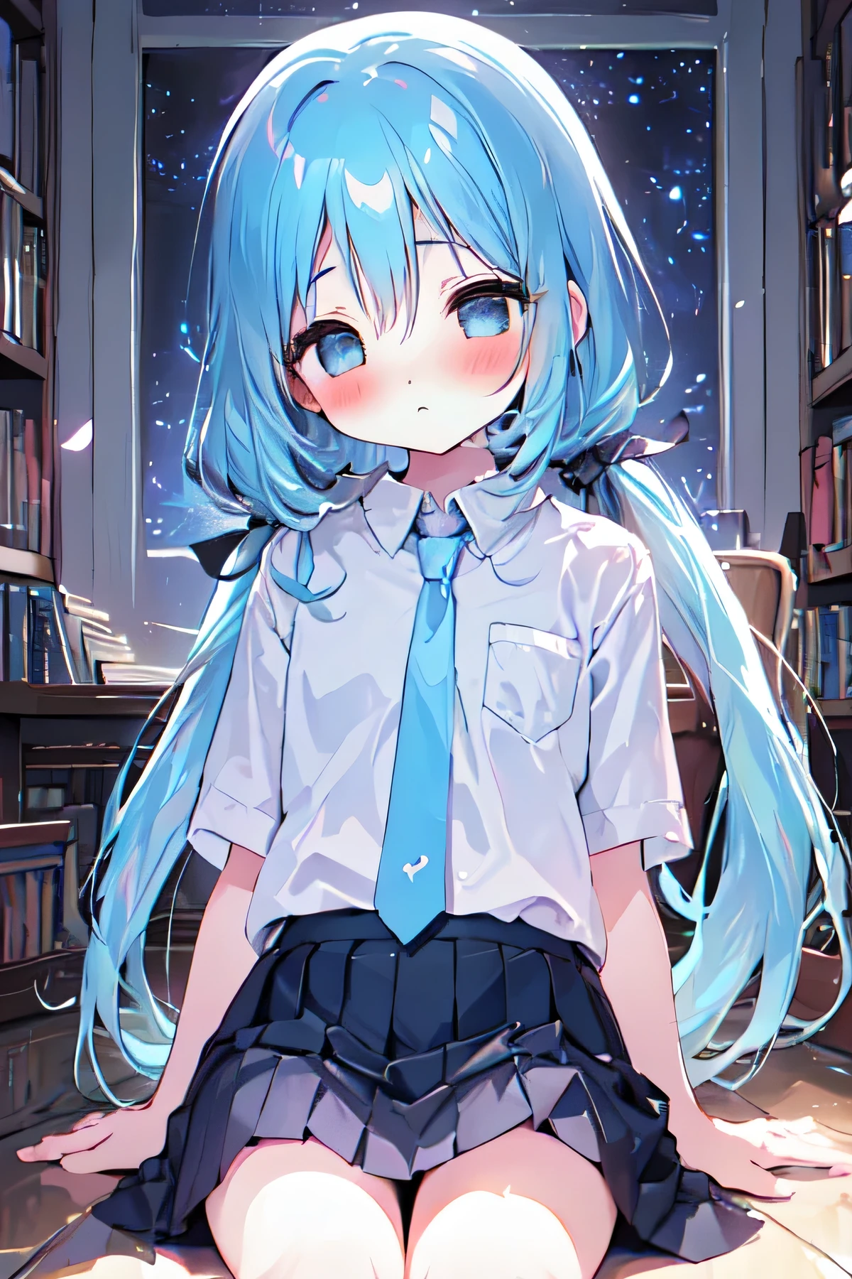 masterpiece, best quality, extremely detailed, (illustration, official art: 1.1), 1 girl, (((light blue long hair))), light blue hair, , long hair ((blush)), cute face, big eyes, masterpiece, best quality, (((a very delicate and beautiful girl))))), amazing, beautiful detailed eyes, blunt bangs ((((little delicate girl)))), tareme (true beautiful: 1.2),((masterpiece)), ((Best Quality)), (Ultra-detailed), ((kawaii)), Cuovely), ((sexy)), ((Extremely detailed)), 4K, (8K), Best Quality, (Beautiful), Illustration, anime style, (bold line:1.2), Gradation, cowboy shot, a cute girl, 1girl, (solo:1.2),//, sitting, (spread legased on a , the blouse is made of a slightly transparent material, allowing a subtle view of the cleavage. Pleated skirt with a side slit, Black thigh-high socks and classic loafers. Blue clip-on tie, //,  slender legs, breasts falling aside, Perfect eyes, Perfect iris, pink-skinned, //, (half closed eyes:1.4), (sexual expression:1.2), Fascinated expression, (cool:1.2), (blush:1.2), //,  Twin tails hair style, (beautiful eyeetween the furthest shelves in the school library, the surroundings are dim, with light shining down from a skylight above