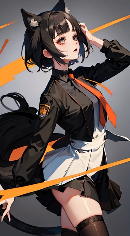 girl, dressed in white long sleeves, with a black vest and knee-length black skirt, slightly narrow, red eyes, detailed eyes, long black socks, school shoes, has cat ears, has short black hair like a boy, but has a lot of hair, the sides of her hair stick out, she is a calm girl, short hair like boy, long black dress, vtuber style