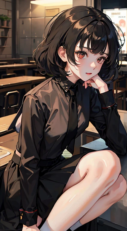 girl, dressed in white long sleeves, with a black vest and knee-length black skirt, slightly narrow, red eyes, detailed eyes, long black socks, school shoes, has cat ears, has short black hair like a boy, but has a lot of hair, the sides of her hair stick out, she is a calm girl, short hair like boy, long black dress, vtuber style