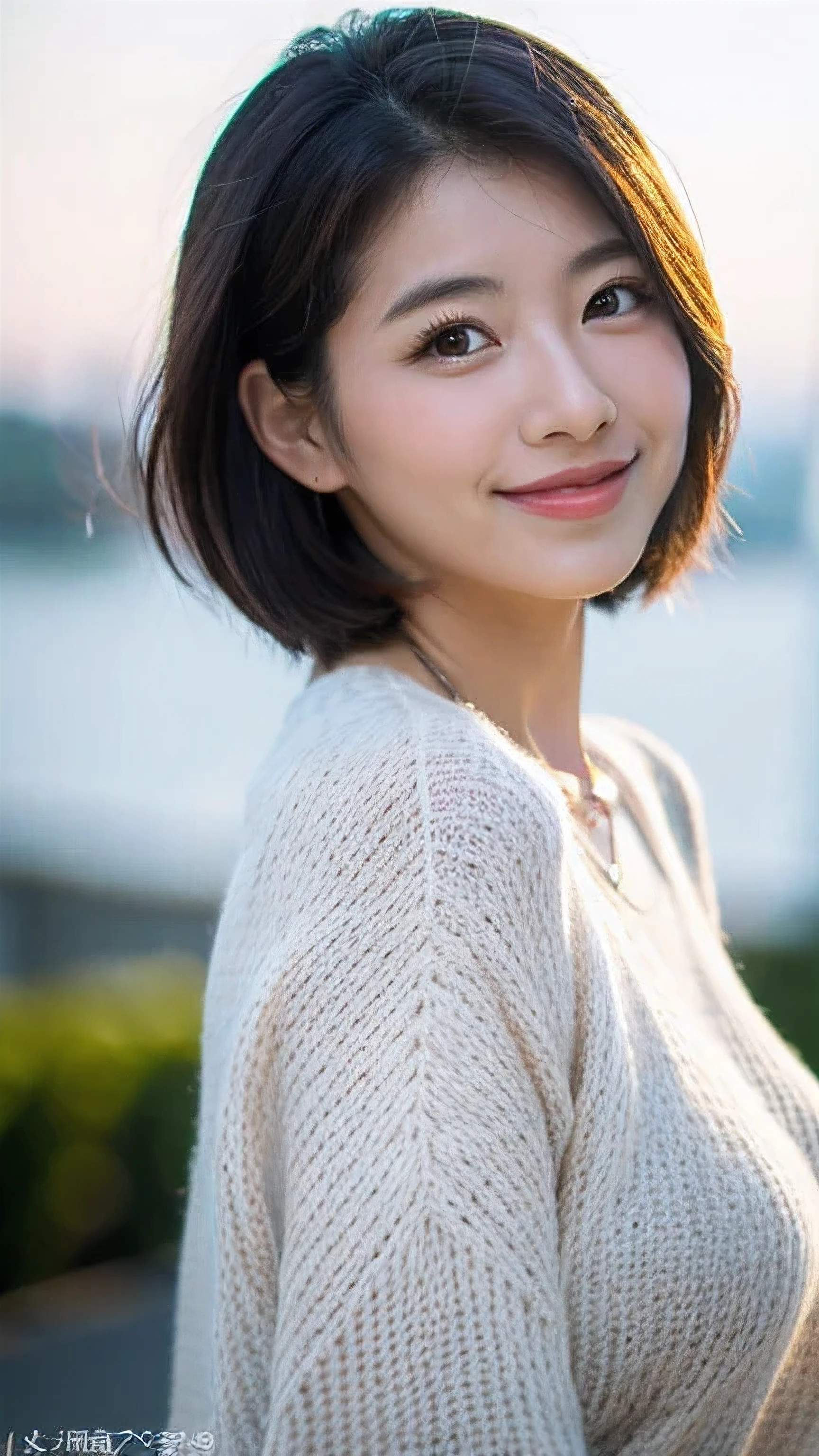(highest quality, 8K, 32k, masterpiece, UHD:1.2),Photos of beautiful Japanese women, big breasts, very short bob hair,Upper body,(extra large_sweater,:1.1) necklace, simple background, Look around, smile