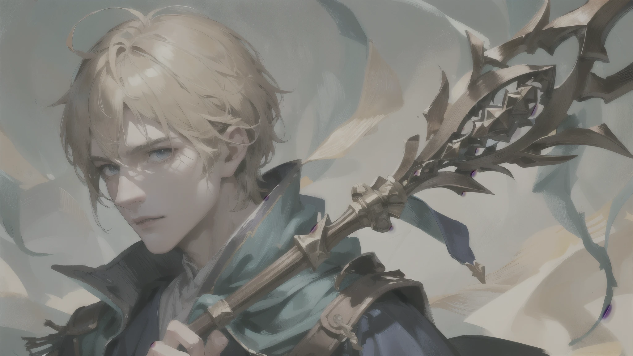 (Highest resolution, clearly_image), best quality, masterpiece, Very detailed, Semi-realistic, individual,solo,Blonde short hair man, mature man, mage, magic, wooden magic wand, blue mage clothes, robe, middle Ages