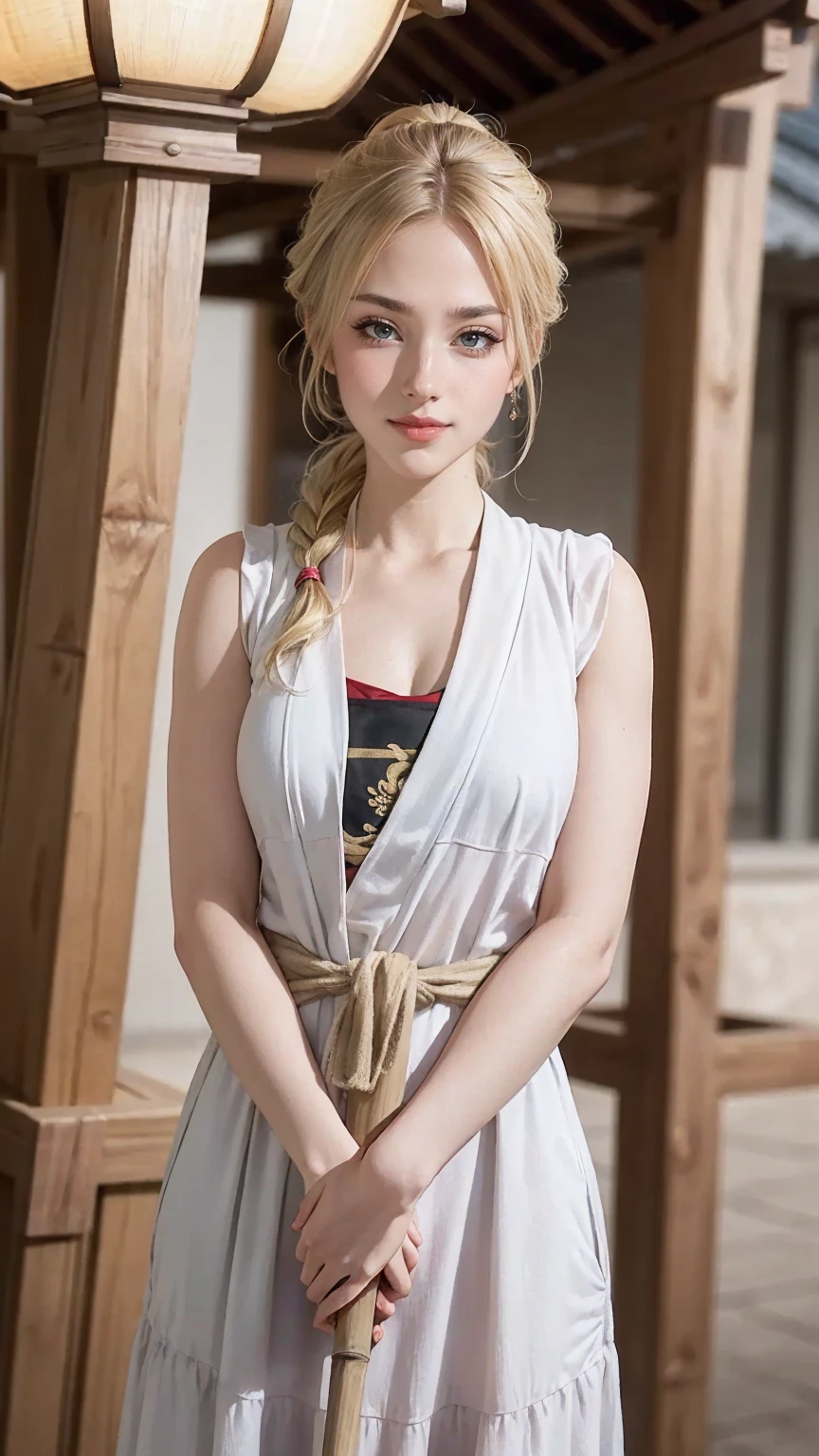 blonde hair, gradient hair, hair over shoulder, hair behind ear, longeyelashes, light smile, Surrealism, depth of field, atmospheric perspective, foreshortening, UHD, anatomically correct, highres, 16k、 ((最high quality, 8K, masterpiece: 1.3, Ultra HD, high quality, 最high quality, High resolution, realism)) 、(high color saturation:1.0), (highly detailed skin), (最high quality:1.0), (超High resolution:1.0) ,(realistic:1.0), (Super detailed:1.0), (8K, Raw photo:1.1), slender、Slender, muscular body that's toned like an athlete's、I don't want my head to disappear from the screen.、25 year old white woman、shiny hair、Her hair color is blonde.、blue eyes、long hair、hair above one eye、smile、On the approach to a Japanese shrine、She is a shrine maiden.、Sweeping the grounds with a bamboo broom、Grinning ((light smile))、split ponytail, 8k