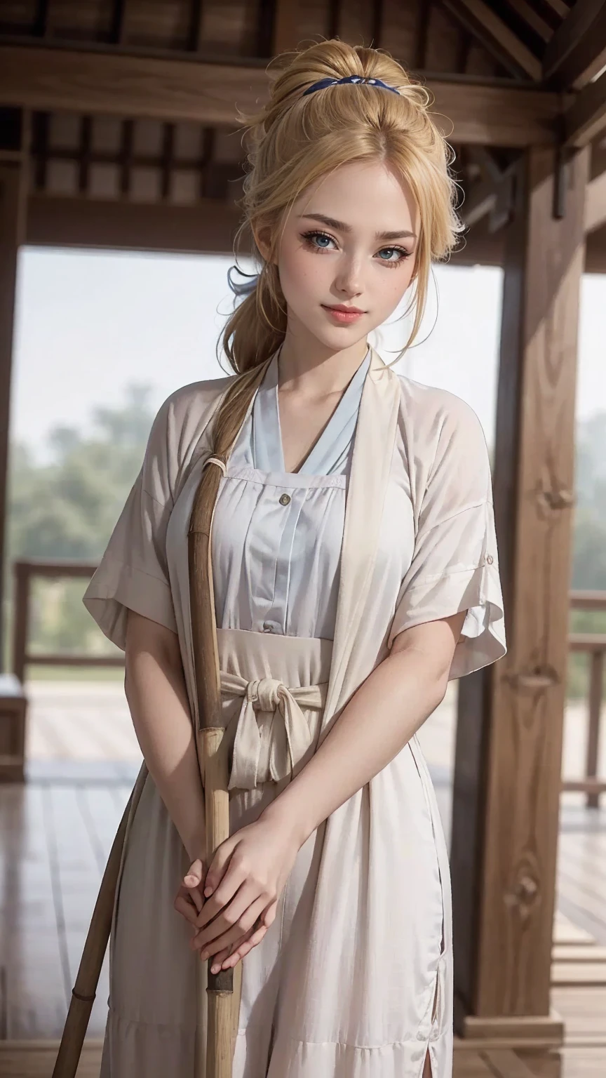 blonde hair, gradient hair, hair over shoulder, hair behind ear, longeyelashes, light smile, Surrealism, depth of field, atmospheric perspective, foreshortening, UHD, anatomically correct, highres, 16k、 ((最high quality, 8K, masterpiece: 1.3, Ultra HD, high quality, 最high quality, High resolution, realism)) 、(high color saturation:1.0), (highly detailed skin), (最high quality:1.0), (超High resolution:1.0) ,(realistic:1.0), (Super detailed:1.0), (8K, Raw photo:1.1), slender、Slender, muscular body that's toned like an athlete's、I don't want my head to disappear from the screen.、25 year old white woman、shiny hair、Her hair color is blonde.、blue eyes、long hair、hair above one eye、smile、On the approach to a Japanese shrine、She is a shrine maiden.、Sweeping the grounds with a bamboo broom、Grinning ((light smile))、split ponytail, 8k