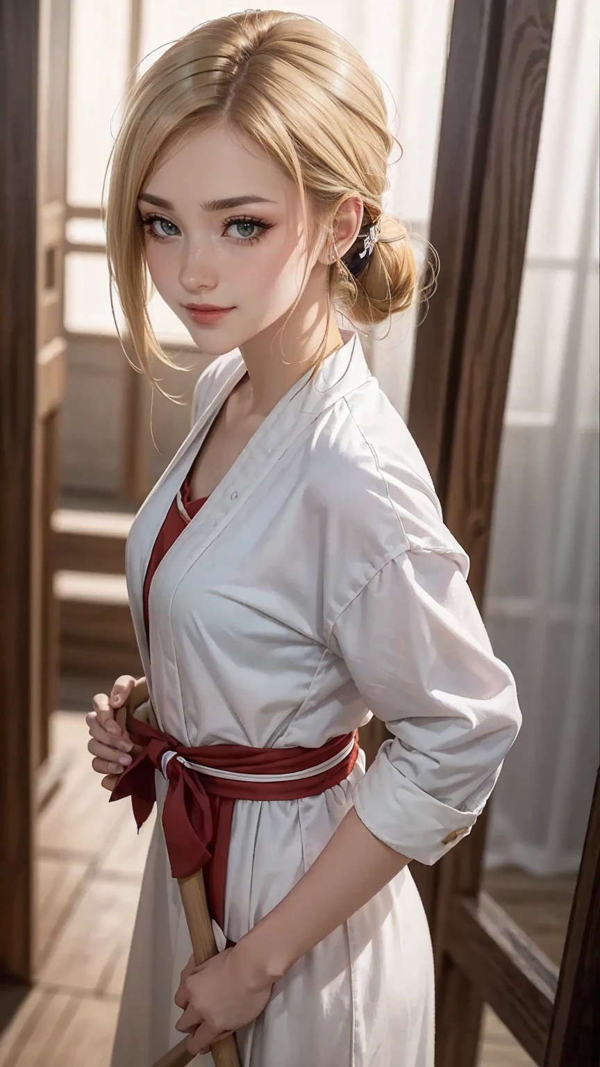 absurdres, foto RAW, mais alta qualidade, (obra-prima: 1.3), foto de cor RAW de alto detalhe, foto profissional, unidade de papel de parede CG 8k extremamente detalhada, foto-realista, realista, foto RAW, obra-prima, melhor qualidade, highres, illustration,
1girl, 16 ANOS, alta, rabo de cavalo, cabelo loiro, medium length, pernas finas, rosto lindo perfeito realista, belos olhos castanhos detalhados, pele clara, textura de pele detalhada, seios planos, bunda pequena, corpo bonito. (kimono ninja vermelho, hakama vermelho, design detalhado) In a wooden dojo com espadas, spears and sticks in the background.