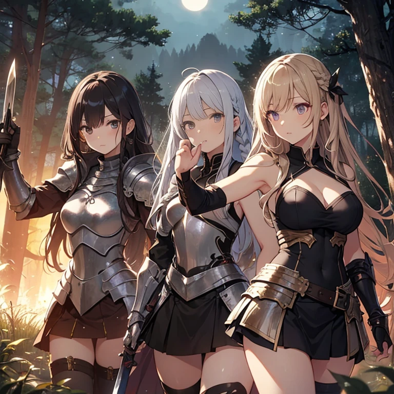 A group of female knight, (in forest), various hair styles, harem, wearing armored clothes, metal armor, night, details face, , short skirt, seducing, sword, showing armpits, sleeveless, braids