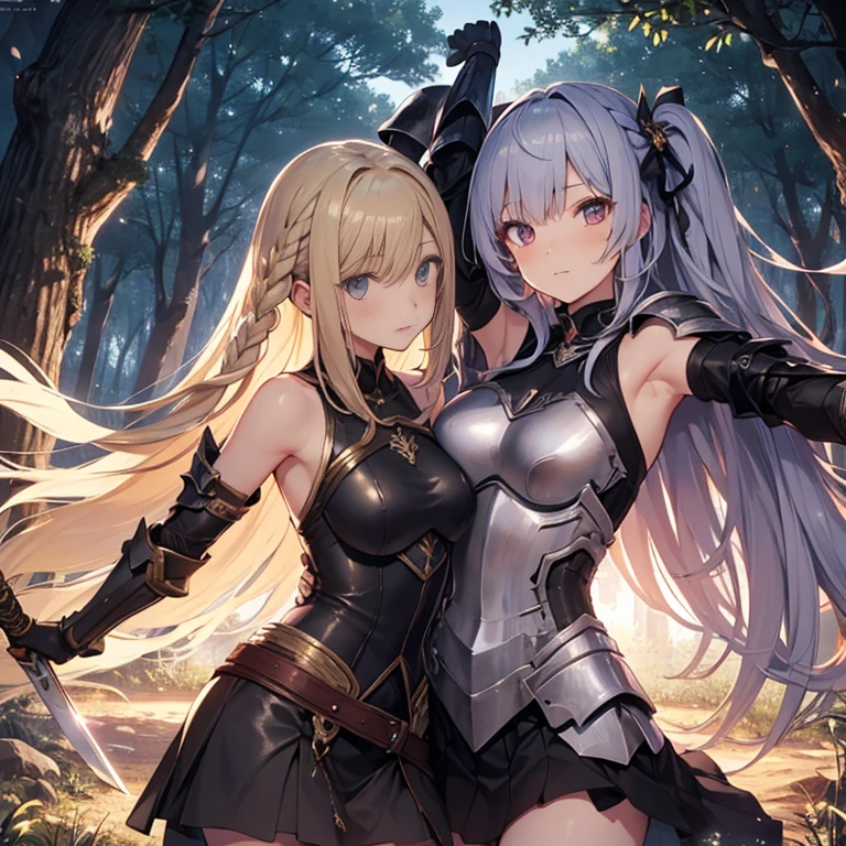 A group of female knight, (in cave), various hair styles, harem, wearing armored clothes, metal armor, night, details face, , short skirt, seducing, sword, showing armpits, sleeveless, erotic