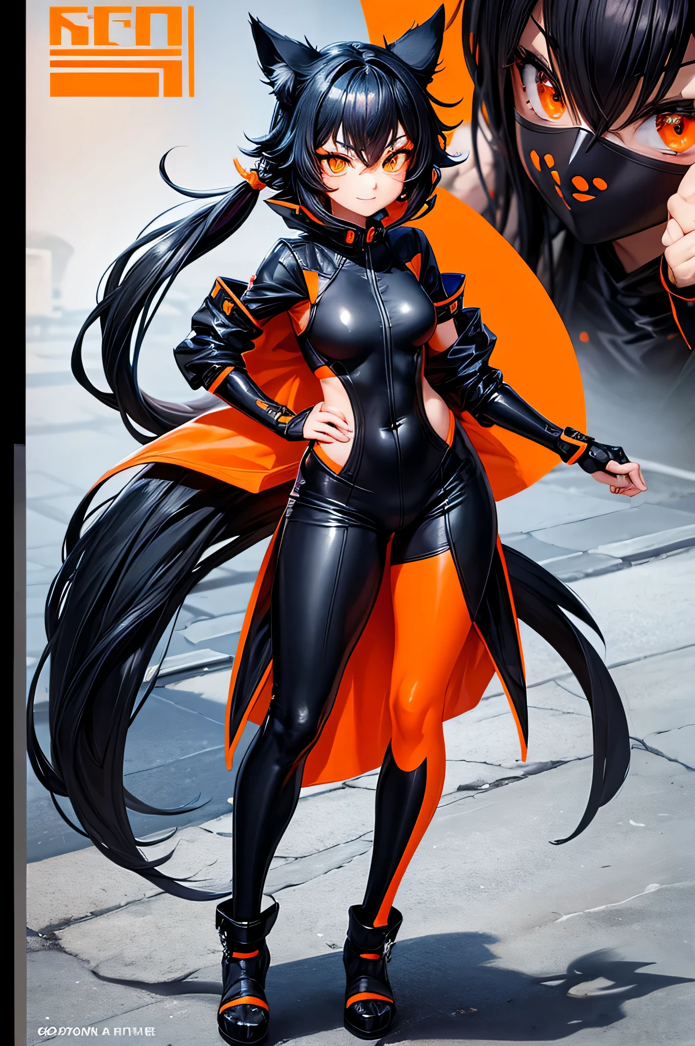 Cute black and orange cat girl, ninja clothes, big eyes, black hair, beautifull, pretty, friendly face, smilling, detailed perfect eyes, perfect anatomy, orange eyes, full body frame, seductor