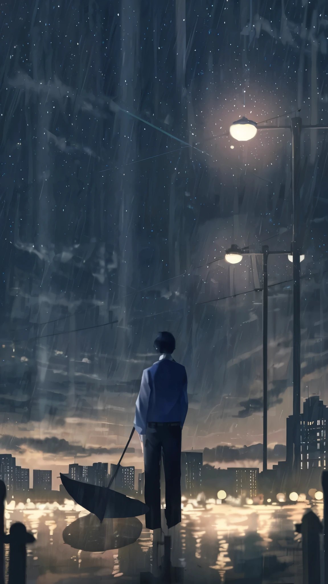 painful。ephemeral。back view of man。It&#39;s raining。An umbrella that fell to the ground。