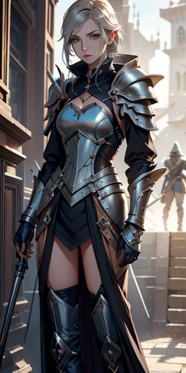 uma mulher de espartilho e capuz segurando uma arma, vestindo armadura de assassino de couro, armadura de fantasia muito estilosa, armadura de couro elegante, roupas de couro de fantasia, magic leather armor, beautiful assassina feminina, assassina feminina, armadura de couro escuro, estilo de fantasia steampunk, roupas de RPG da moda, magia e vapor - inspirado no punk, ornaeather sci-fi armor,