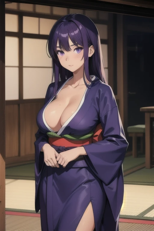 A girl with long straight purple hair and purple eyes with tan skin and full breasts standing straight facing the viewer in a kimono, perfect,