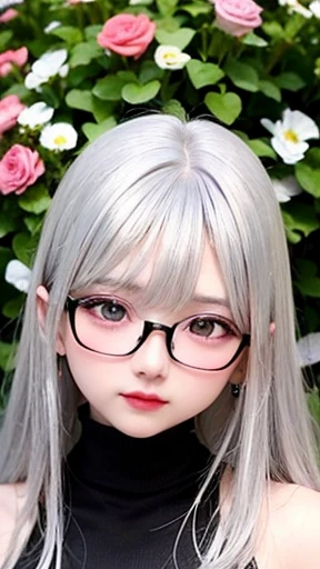 幼いgirl、small face、 (alone:1.5,)Super detailed,明るいcolor, very beautiful detailed anime face and eyes, look straight,  shiny_skin,girl, (((虹colorの髪,, 半分は青colorの髪、Half silver hair: 1.5))), 、shiny hair, delicate beautiful face, blush、Glasses、(turquoise eyes), , Valletta, earrings,、black turtleneck、flower garden、Sitting among flowers、smile、happy face、face dyed red、color々pose、Head to toe full body portrait、（I can see the whole body）