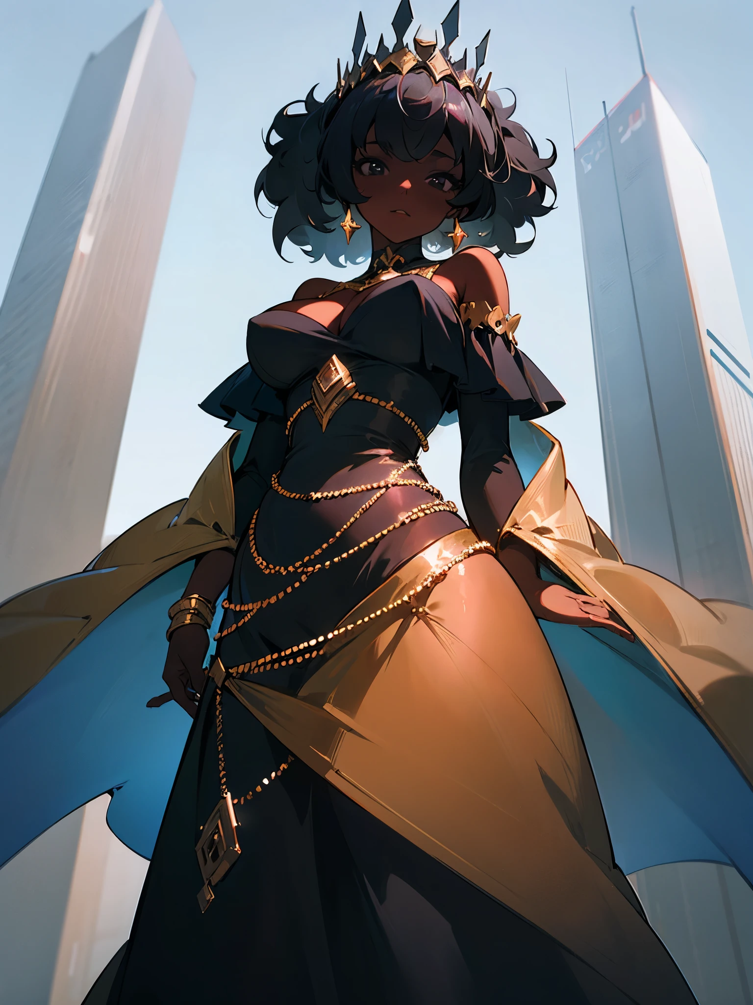 imposing busty woman on a skyscraper, black eyes, black afro hair, off-shoulder black empire dress, queen tiara, golden adornments, view from below
