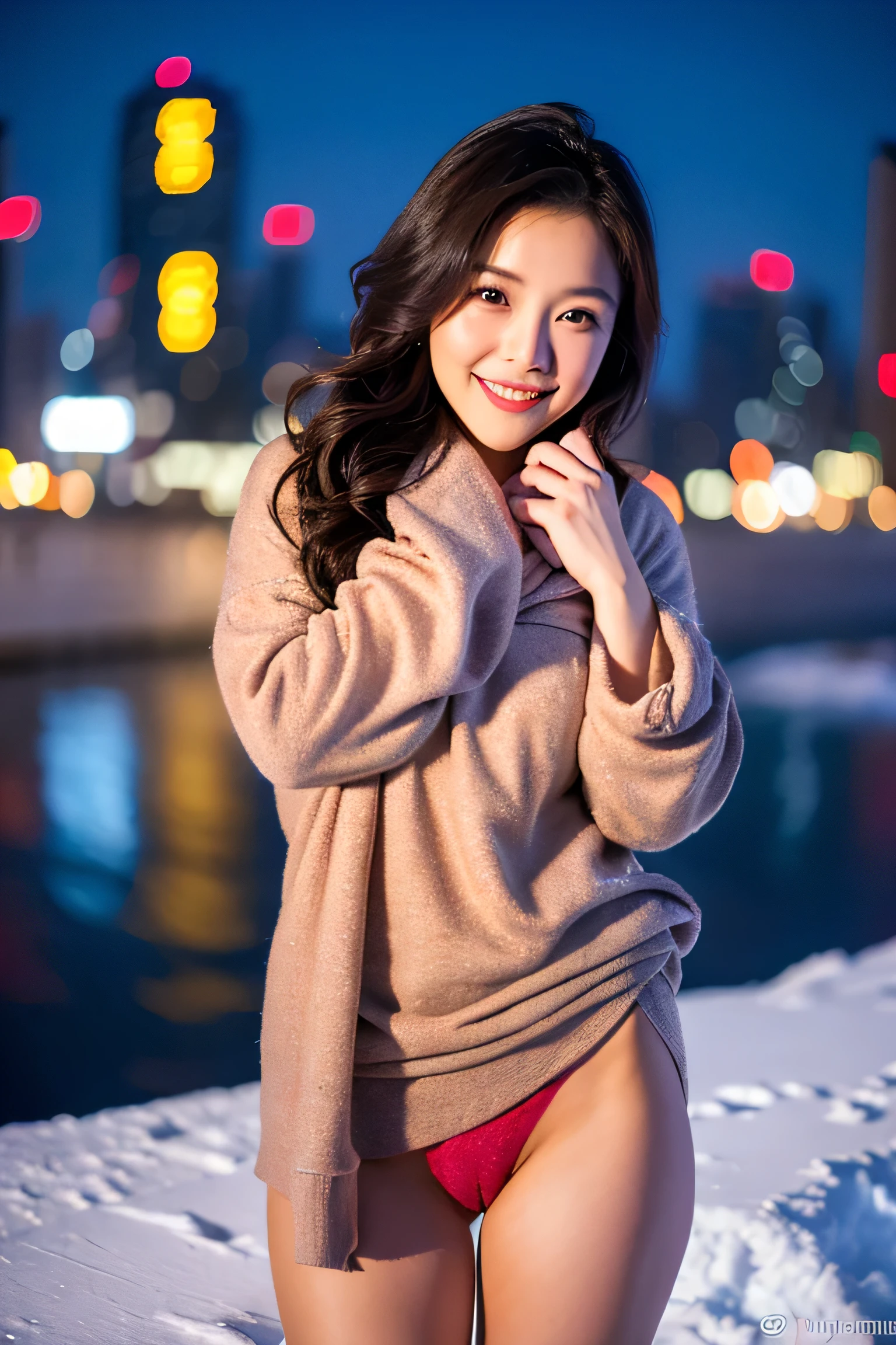 (8k, RAW photo, best quality, masterpiece:1.2), (realistic, photo-realistic:1.37),1girl,(Kpop idol), (aegyo sal:1),cute,cityscape, night, winter, snow, professional lighting, photon mapping, radiosity, physically-based rendering,nsfw, (spread pussy:1.3)