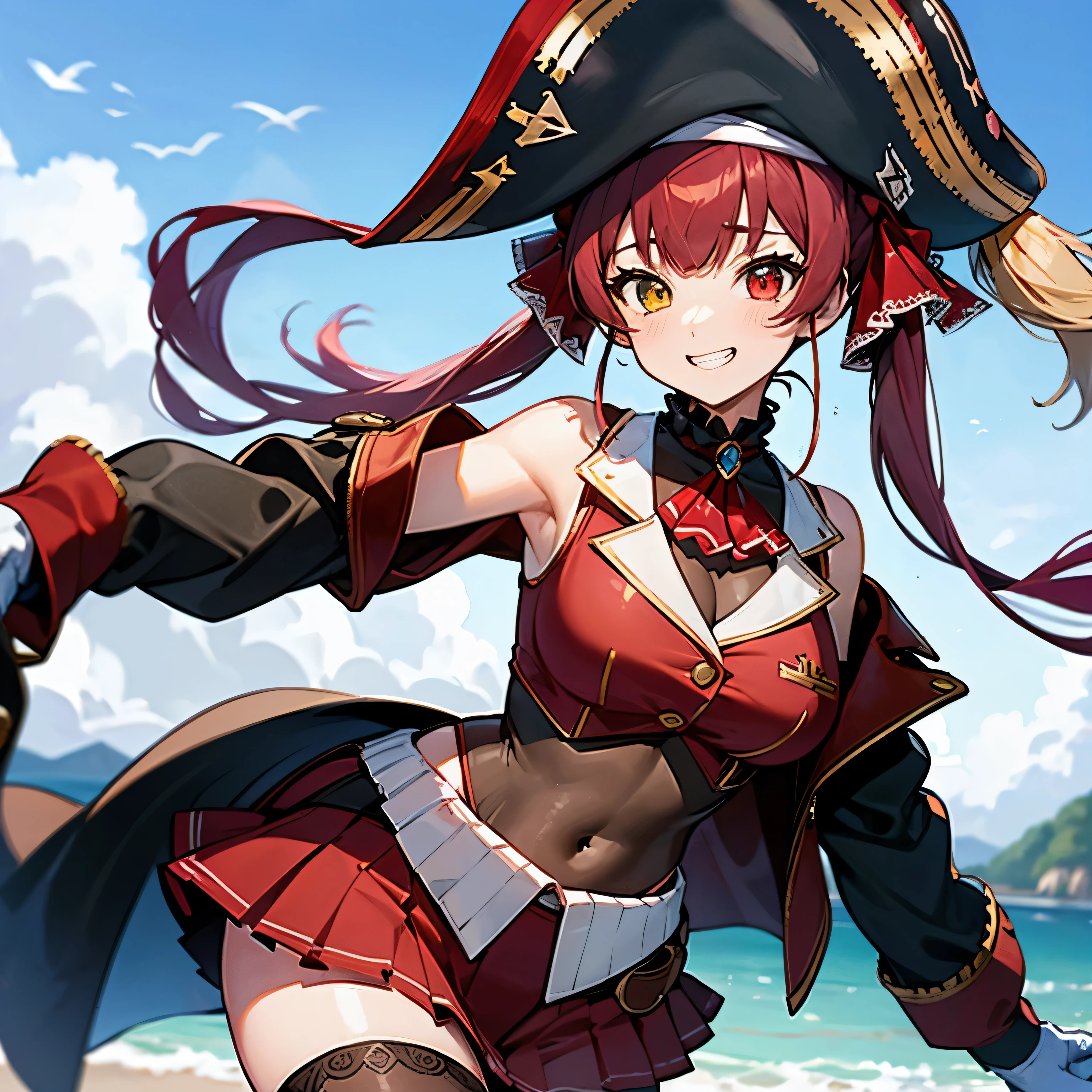 (highest quality, 8K, 32k, perfect body, super detailed face, houshouBase, heterochromia, red eyes, yellow eyes, twintails, long hair, hair ribbon, large breasts, white gloves, frilled choker, red ascot, leotard, leotard under clothes, red jacket, cropped jacket, sleeveless jacket, black coat, off shoulder, bicorne, red skirt, miniskirt, leather belt, black thighhighs, sea, sky, ship, grin,