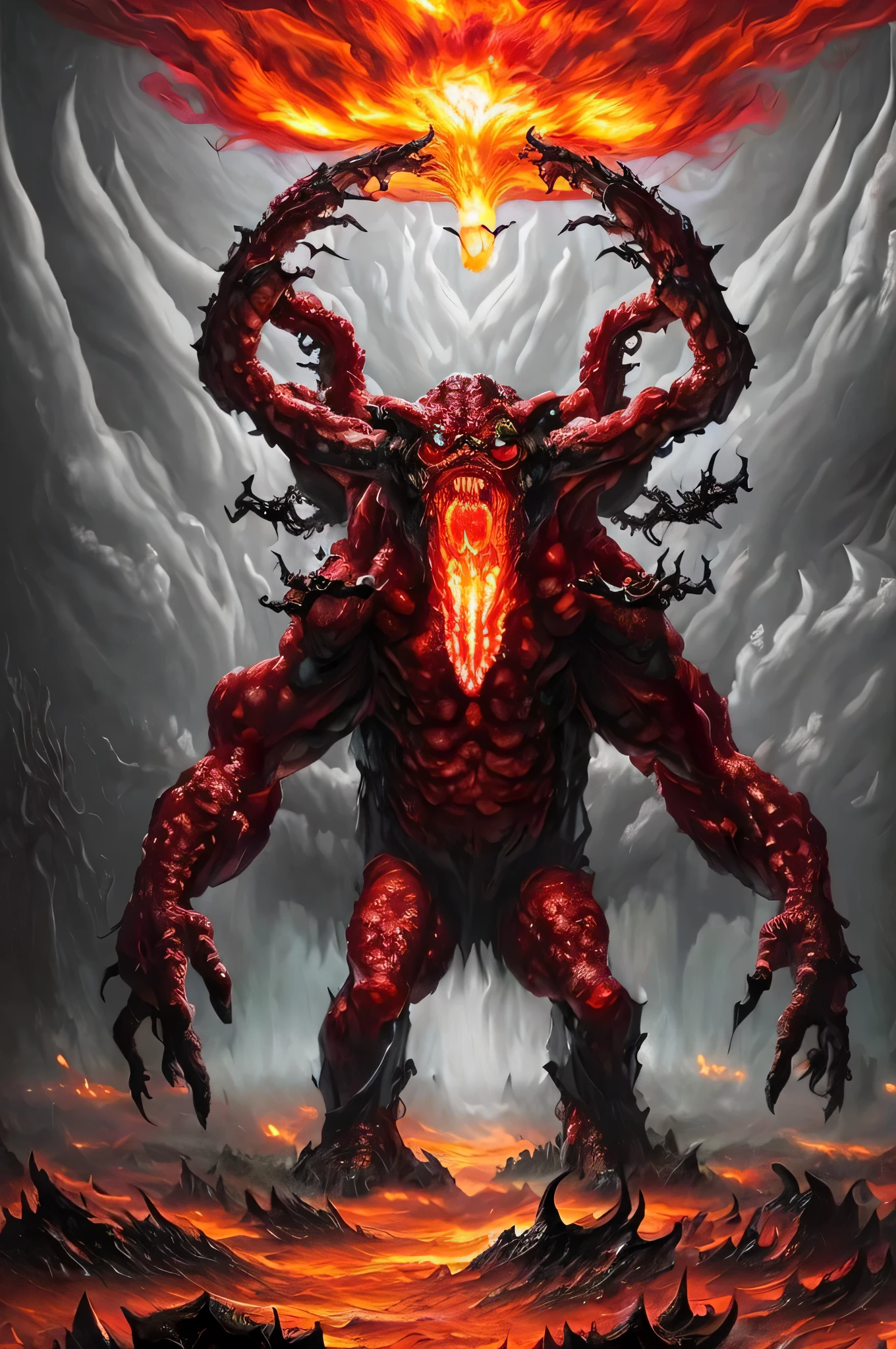 Stable Diffusion prompt: (giant monster,body:bloody red,fusion with huge tumor,hyper-realistic,reverse joints,no head,dark dungeon,covered in numerous eyeballs,decorated with multiple hands,extremely detailed,nightmarish creature,sculpture with burning torso,vivid colors,dramatic lighting,horrifying artwork,monster with humanoid features)