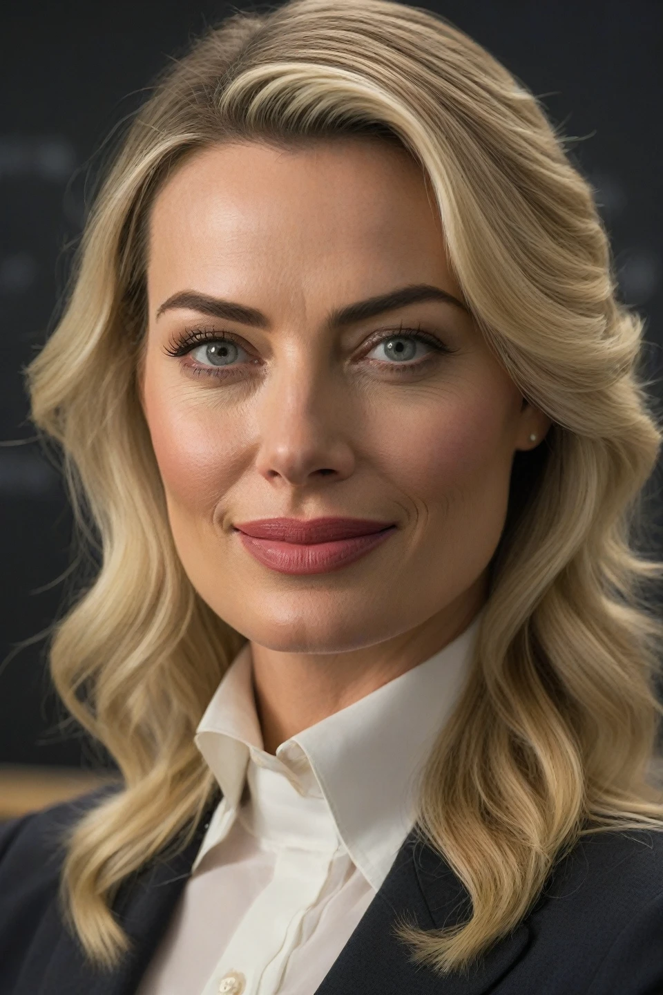 (a)Margot Robbie as teacher,portraits,realistic,[intelligent,smart,wise,experienced] teacher,inspiring classroom environment,engaged students,(professional lighting:1.1),(best quality,4k,highres),(ultra-detailed,photo-realistic:1.37),(professional detailed skin),(beautiful detailed eyes,beautiful detailed lips),(charismatic smile),(knowledgeable character),(modern classroom design),(bright and vibrant colors),(bokeh effect)