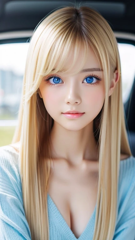real photo quality、extraordinary sexy beauty、Beautiful calm and bright expression、Sexy refreshing look、Long bangs that fall on a perfect beautiful cute face、Super long blonde straight silky hair、blonde on a beautiful face、Very cute beautiful sexy young little woman、very perfect beautiful cute face、Beautiful bright sky blue eyes、very big eyes、hair above eyes、片hair above eyes、hair between eyes、Very radiant white skin、cheek gloss