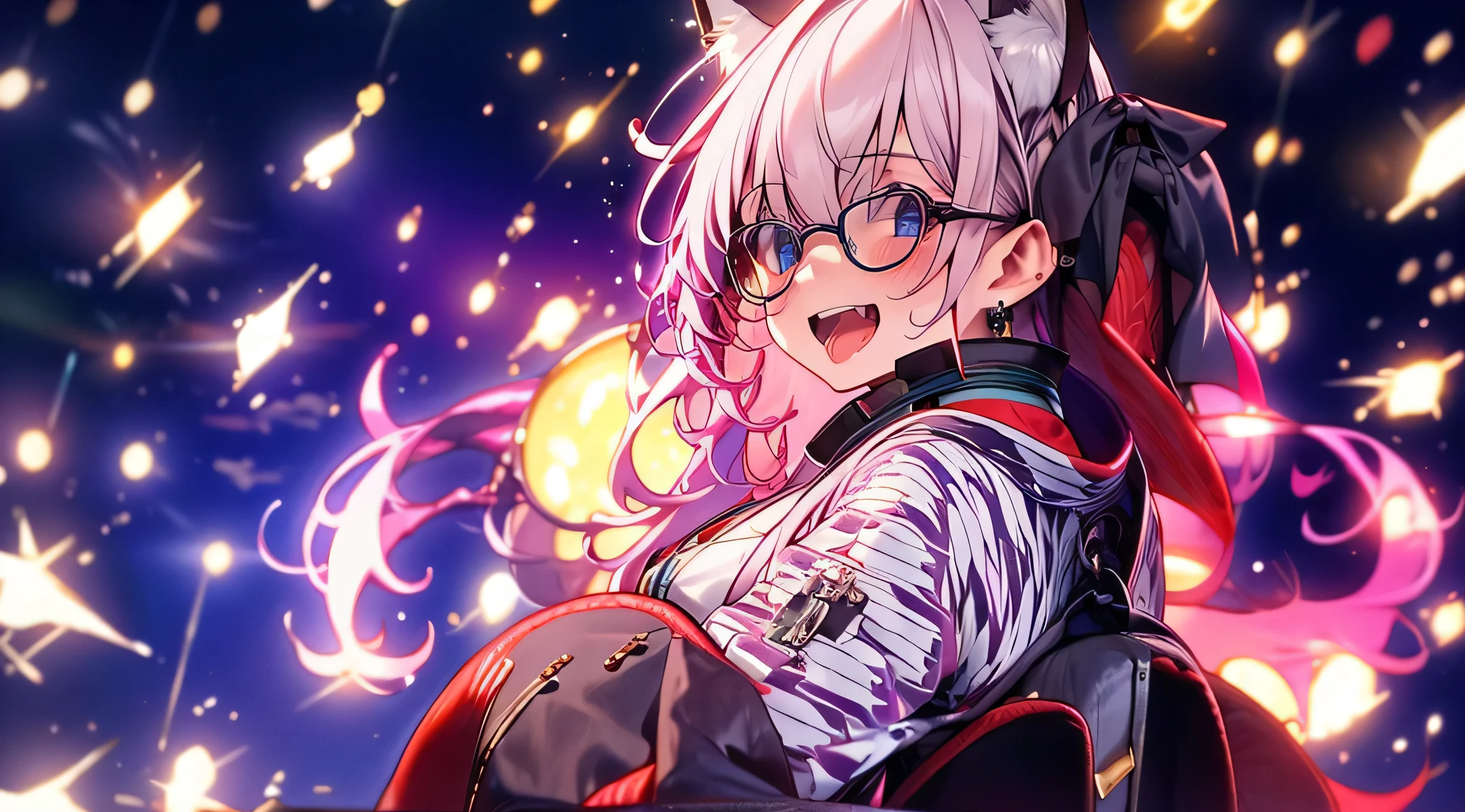 masterpiece、highest quality、1girl , solo , huge breasts、deep cleavage、light green hair、ponytail、fox ears、brightly colored eyes、blue eyes、black glasses、green kimono、light purple long hakama、brown leather jacket、leather boots、flashy necklace、charm、Wet、face turns red, very sweaty, dynamic pose、standing、night city background