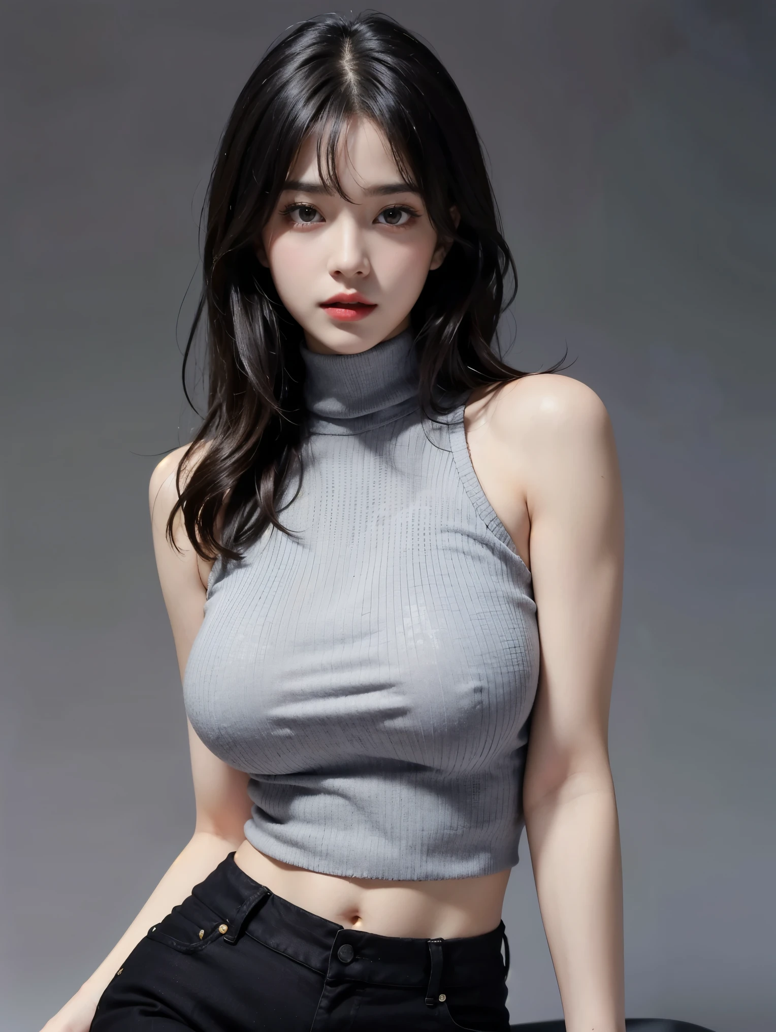 girl, bangs, bare shoulders, black pants, breasts, breasts squeezed together, gray background, hair between eyes, long hair, view viewer, pants, parted lips, red eyes, shirt, simple background, sleeveless, sleeveless shirt, solo, turtleneck sweater, v-arms, gray hair, (shiny skin), (Masterpiece: 1.4), (Best Quality: 1.4) Facigirl, Red Lips, Navel, (Clear Areola), Huge, Real Sweat, Greasy, Appropriate Posture