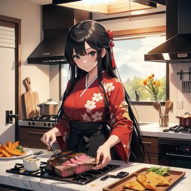 1girl, anime, black eyes, long black hair with square bangs, very long black hair, super long black hair, skirt and stockings, heels, black Japanese style kimono mixed with ribbed black sweater with red accents and sakura floral design, ((ribbed black sweater)) adult, (Japanese shrine/temple background), gamer, (((gamergirl))), kimono sleeves, garter, graceful, (((cooking beed steak in kitchen))), sushi on countertop, mountain dew energy drink/soda on countertop, bag of dorito chips on countertop, lots of completed dishes everywhere, lots of completed dishes in the background
