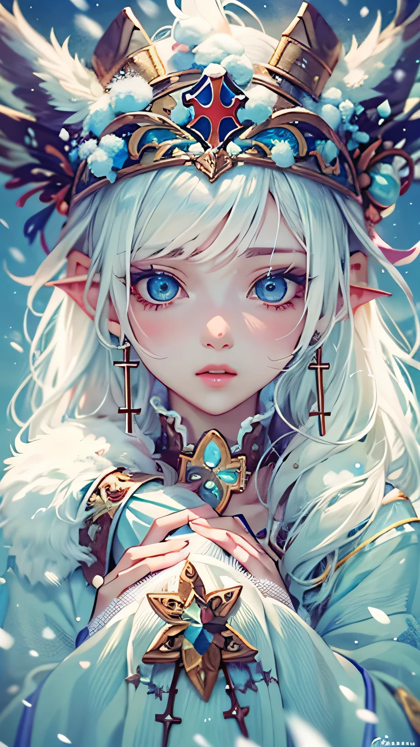 (((Masterpiece))),((top quality)),one beautiful girl,bangs、(belly button)、snow girl, beautiful digital artwork, Beautiful snow girl, beautiful fantasy art, very beautiful fantasy art, beautiful digital art,(cross your legs:1.5)