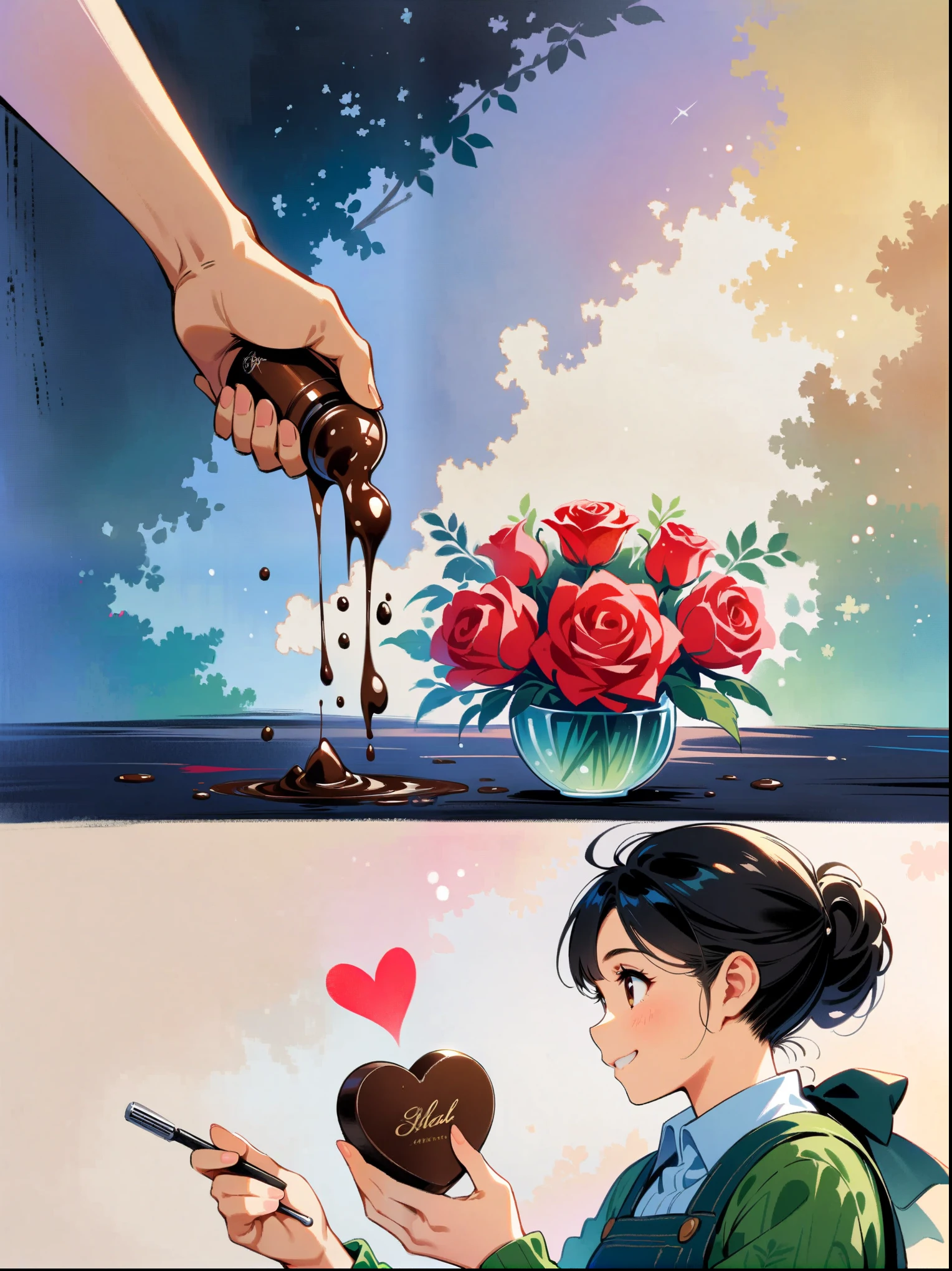 ink style, masterpiece, masterpiece,Couple Collage,1 man,1 woman,Valentine's Day,hapiness,Smile,chocolate,Rose,Heart,animation aesthetics, (Ghibli style colors, ultra high definition, masterpiece, precise, anatomically correct, textured skin, Super details, 8K)