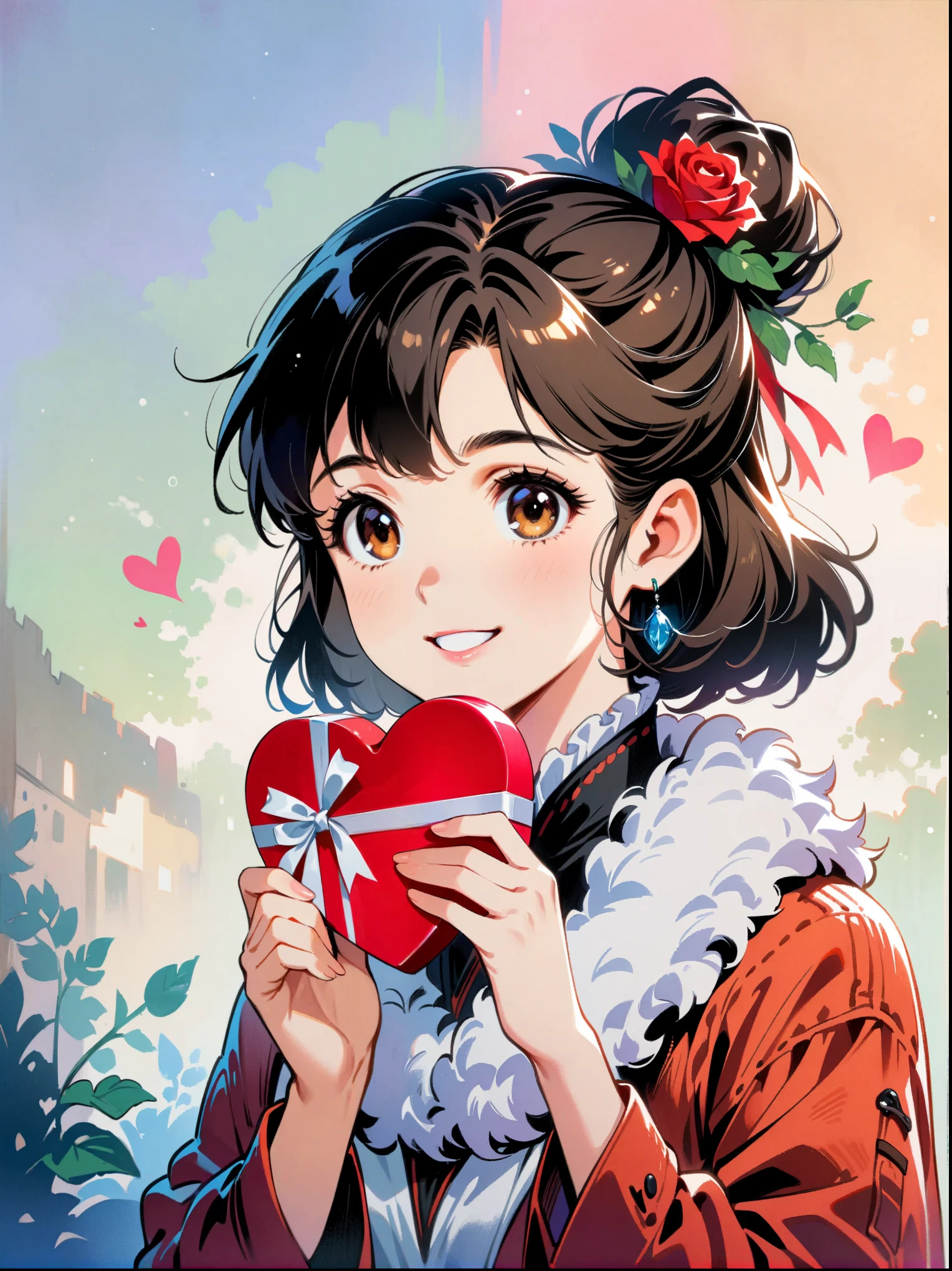 ink style, masterpiece, masterpiece,Couple Collage,1 man,1 woman,Valentine's Day,hapiness,Smile,chocolate,Rose,Heart,animation aesthetics, (Ghibli style colors, ultra high definition, masterpiece, precise, anatomically correct, textured skin, Super details, 8K)
