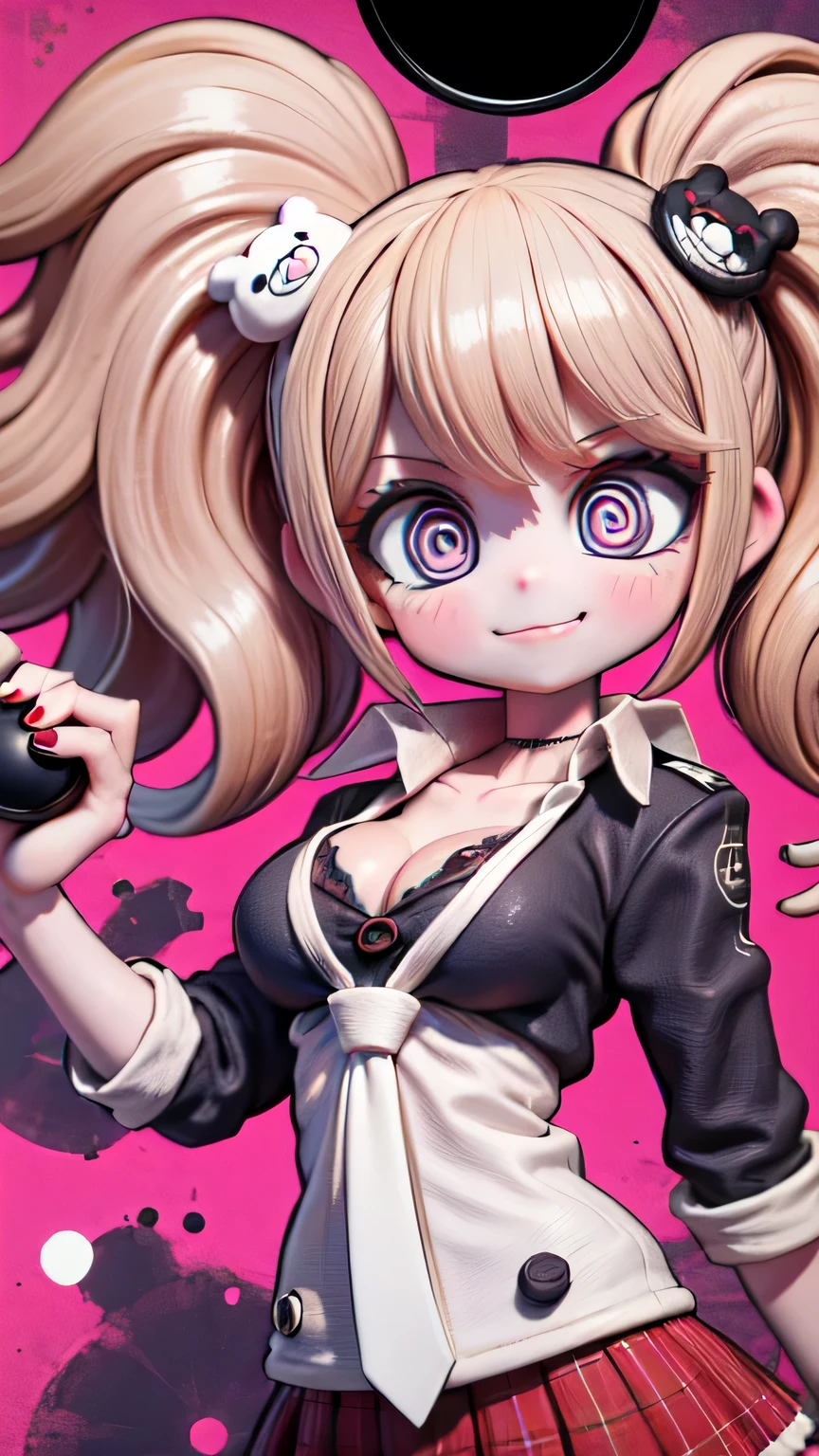 [nsfw:1.5], Junko Enoshima, (absurdres:1.5), (anatomically correct), (Oskar Kokoschka style:1.4), (abstract expressionism art:1.4), (photo once in 1000 years), (masterpiece), (highest quality), (super detailed), (floating), (detailed light), (portrait:1.5), long blonde twin tails, one girl, alone, (ultimate detailed and beautiful blue spiral eyes:1.5), (catchlight:1.5), cleavage, clavicle, big breasts, bangs, grinning, peeping into viewer, (side angle:1.2), (fish-eye lens:1.5), bear hair ornament, nail polish, red nails, red bow, black shirt, underwear, choker, black bra, rolled up sleeves, white tie, red plaid pleated skirt, shiny, shiny hair, (dropped shockingpink ink background:1.2), shiny skins