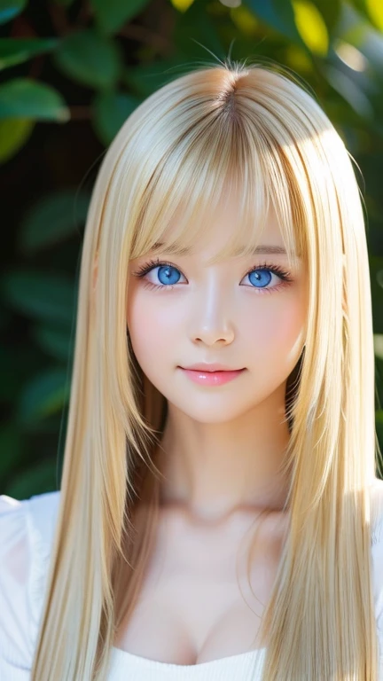 real photo quality、extraordinary sexy beauty、Beautiful calm and bright expression、Sexy refreshing look、Long bangs that fall on a perfect beautiful cute face、Super long blonde straight silky hair、blonde on a beautiful face、Very cute beautiful sexy young little woman、very perfect beautiful cute face、Beautiful bright sky blue eyes、very big eyes、hair above eyes、片hair above eyes、hair between eyes、Very radiant white skin、cheek gloss
