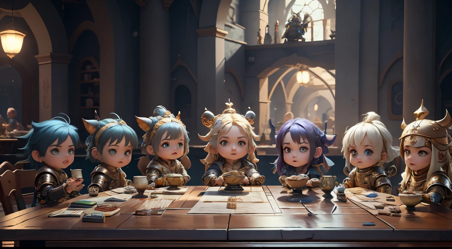 masterpiece, best quality, chibi, Wizard Tea , handsome wizard, beautiful witch, happy, energetic, rich and colorful,A group of knights in armor and a table full of food, ruxing gao, role playing game game, 8 k role playing game, Popular topics on cgstation, role playing game game style, CG Society 8K, CG Society 8K, CG Society 8K, role playing game, Game CG, gujian, jrole playing game, cgsociety UHD 4k very detailed