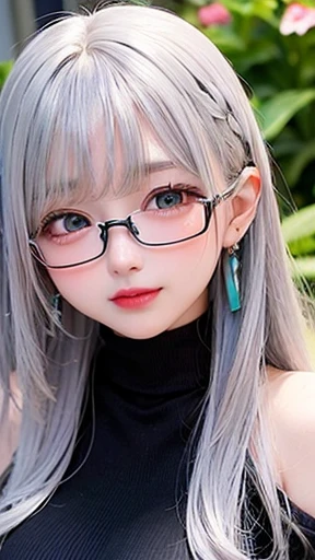 幼いgirl、small face、 (alone:1.5,)Super detailed,明るいcolor, very beautiful detailed anime face and eyes, look straight, shiny_skin,girl, (((虹colorの髪,, 半分の髪の毛は青color、Half silver hair: 1.5))), 、shiny hair, delicate beautiful face, blush、Glasses、(turquoise eyes), , Valletta, earrings,、black turtleneck、flower garden、Sitting among flowers、smile、happy face、face dyed red、color々pose、Head to toe full body portrait、(I can see the whole body)