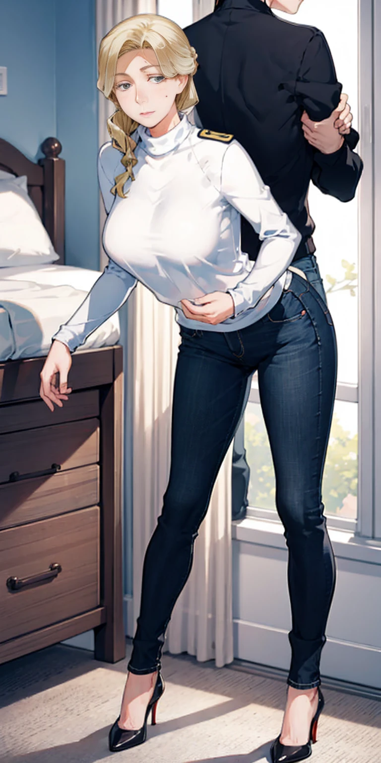 best quality,masterpiece,animated,extremely detailed,detailed eyes,perfect lighting,(35yo milf),(uniform:1.2),pants,1girl,slender,standing,leaning forward,window,bedroom,lying,blonde hair,dramatic lighting,looking at the viewer,(pleasure face:1.3),embarrassed,full blush,(high heels:1.2),spread legs,perfect legs,cute choker,earrings,
drooling,sweatting,tanemorihaha,sweater,blonde eyes,jeans,mature female,braid,turtleneck,