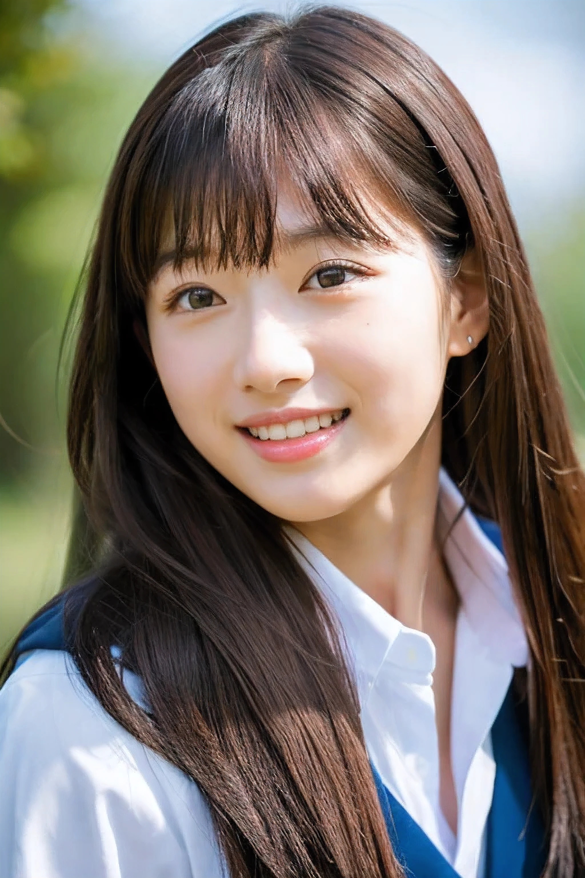 8K、highest quality、masterpiece、超A high resolution、photograph、The elegance of beautiful Japanese women、Single-lens reflex camera、There are some good ones too、A transparent atmosphere、sexy lip、slanted bangs、beautiful face、long hair、make bangs、smile、natural soft light、One -yeld iniform、country road、riding a bicycle