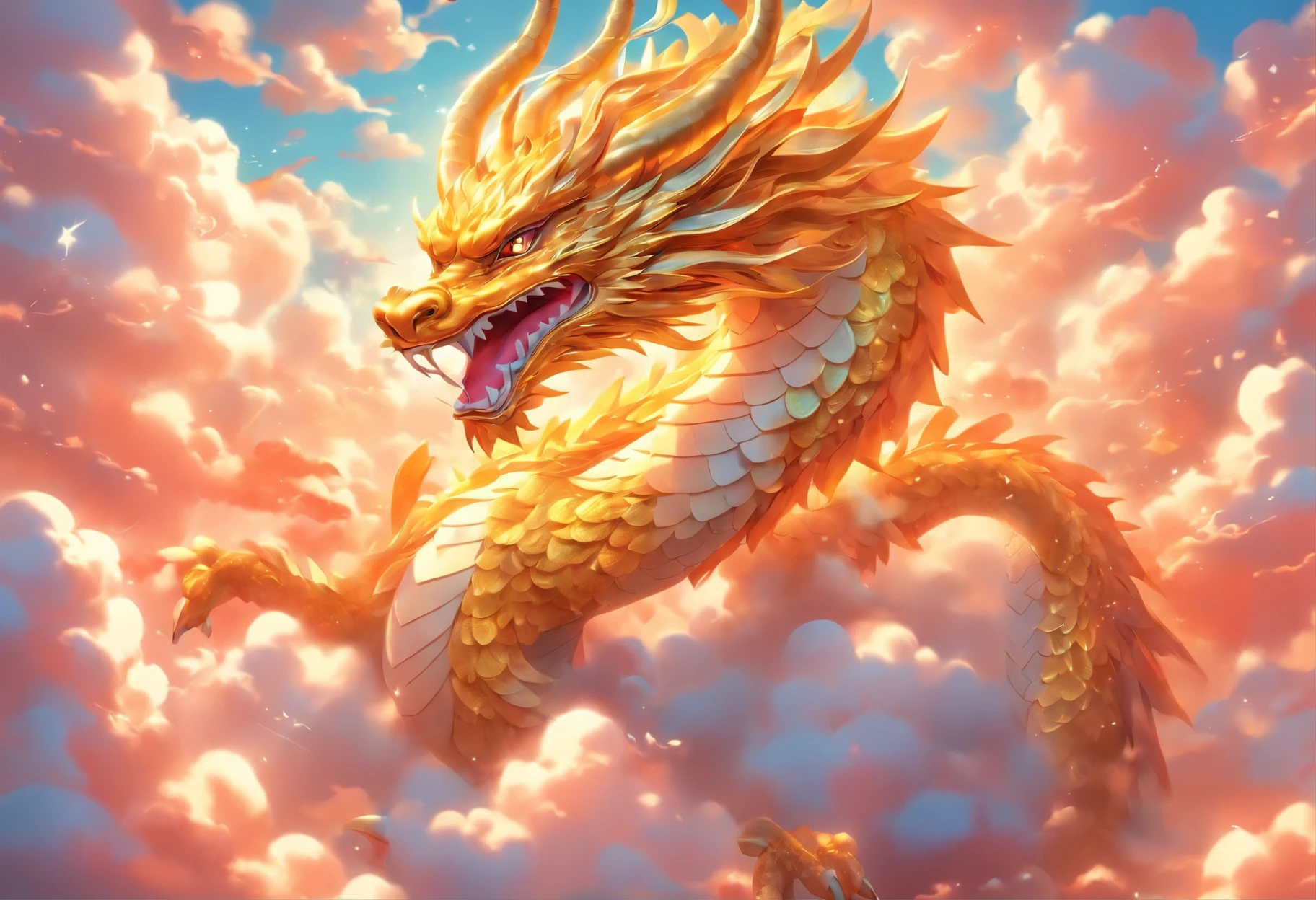 best quality, Masterpiece, Cute iridescent Asian golden dragon playing with clouds and wind in the sky, Isometric, Beautiful concept art, Optics,Bright colors