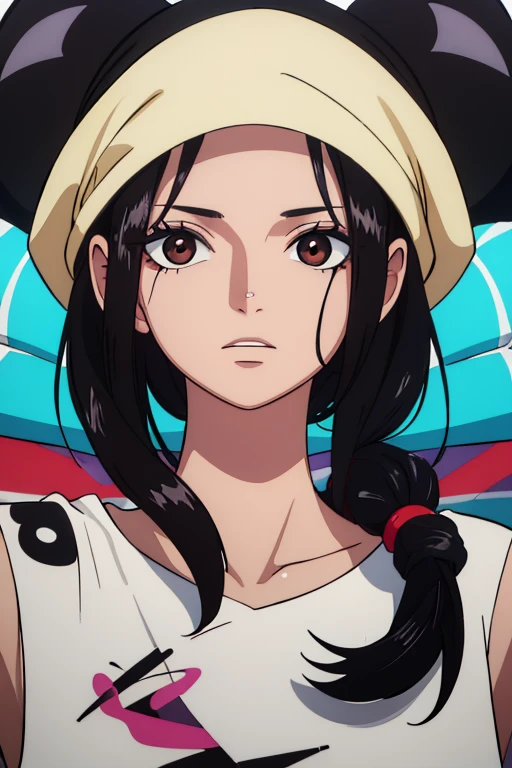 (best quality,4k,8k,highres,masterpiece:1.2), ultra-detailed, Animated, girl, mature face, long black hair, brown eyes, black hair, graffiti, girl graffer, durag, cool girl, flat, spraypaint