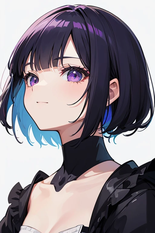 Anime-style portrait of a girl with a dark violet bob cut making eye contact with the camera, bright eyes, baby-faced, subtle smile, minimalistic background to emphasize character, high contrast, clean lines, digital painting, vivid colors, The girl wears her hair in a bob cut, cut at the jawline. Her hair is dark purple and her fringes are parted just in the middle of her forehead, barely peeking over her eyebrows. Other short hair frames the face on either side of the fringe, reaching just above the eyes, and the hair on the sides is clipped above the ears. The hair on top has slight volume and forms an overall rounded silhouette. The texture of the hair is smooth, shiny and lively. The ends of the hair are lightly styled inwards.