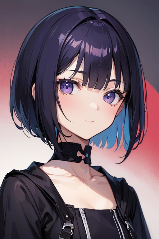 Anime-style portrait of a girl with a dark violet bob cut making eye contact with the camera, bright eyes, baby-faced, subtle smile, minimalistic background to emphasize character, high contrast, clean lines, digital painting, vivid colors