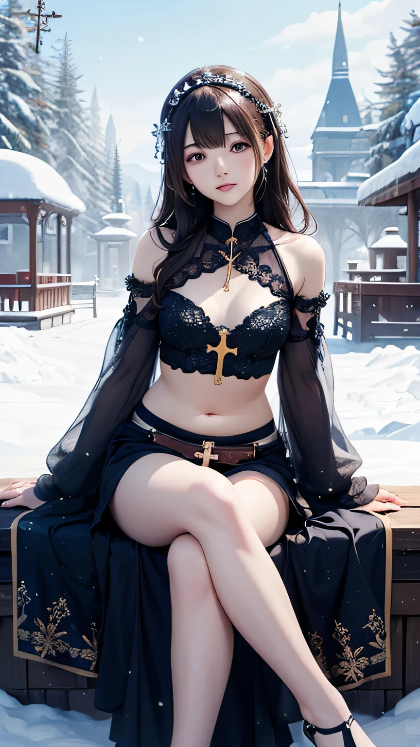 (((Masterpiece))),((top quality)),one beautiful girl,bangs、(belly button)、snow girl, beautiful digital artwork, 美しいsnow girl, beautiful fantasy art, very beautiful fantasy art, beautiful digital art,(cross your legs:1.5)