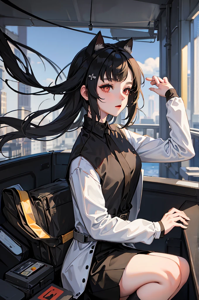 girl, dressed in white long sleeves, with a black vest and knee-length black skirt, slightly narrow, red eyes, detailed eyes, long black socks, school shoes, has cat ears, has short black hair like a boy, but has a lot of hair, the sides of her hair stick out, she is a calm girl, short hair like boy, long black dress, vtuber style