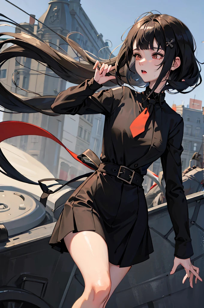 girl, dressed in white long sleeves, with a black vest and knee-length black skirt, slightly narrow, red eyes, detailed eyes, long black socks, school shoes, has cat ears, has short black hair like a boy, but has a lot of hair, the sides of her hair stick out, she is a calm girl, short hair like boy, long black dress, vtuber style