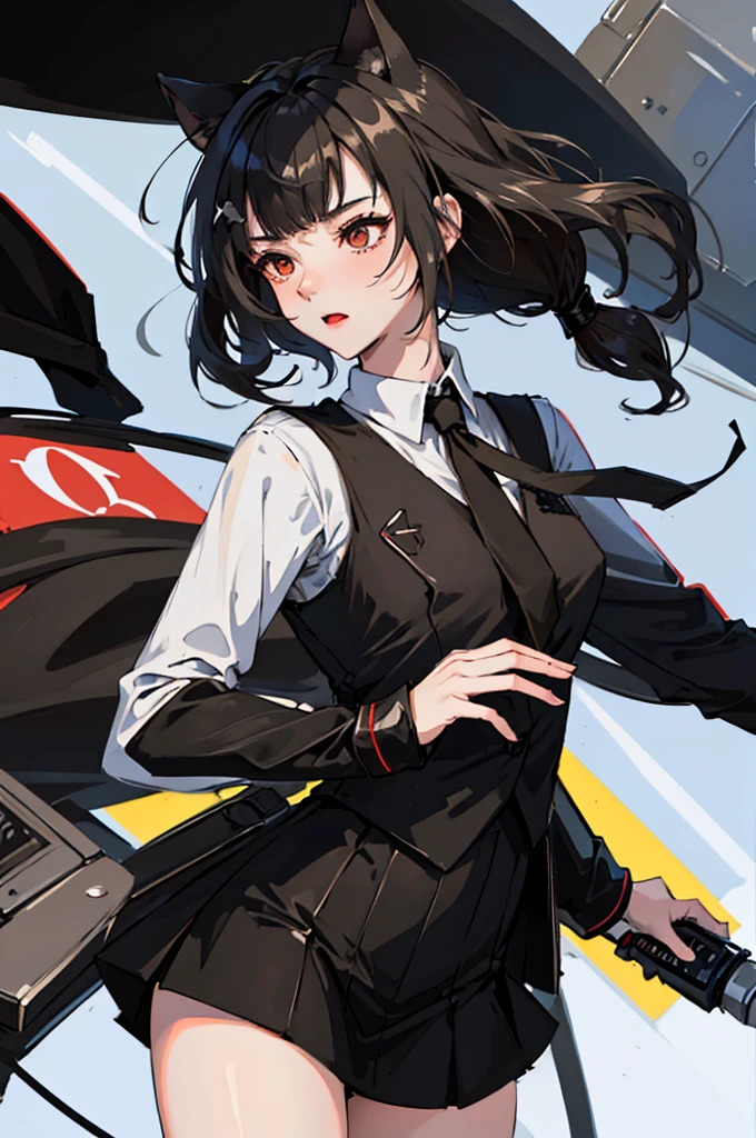 girl, dressed in white long sleeves, with a black vest and knee-length black skirt, slightly narrow, red eyes, detailed eyes, long black socks, school shoes, has cat ears, has short black hair like a boy, but has a lot of hair, the sides of her hair stick out, she is a calm girl, short hair like boy, long black dress, vtuber style